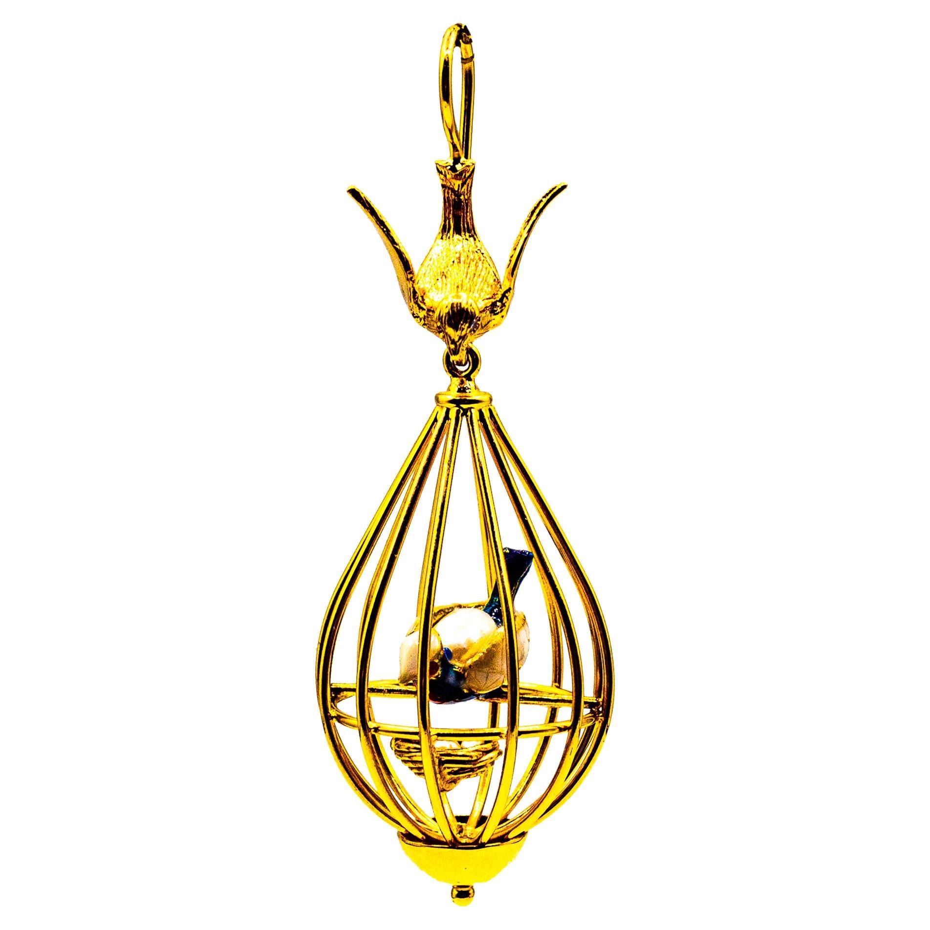 Collar Colgante "Jaula de Pájaro" Estilo Art Nouveau Diamante Blanco Perla Oro Amarillo en venta