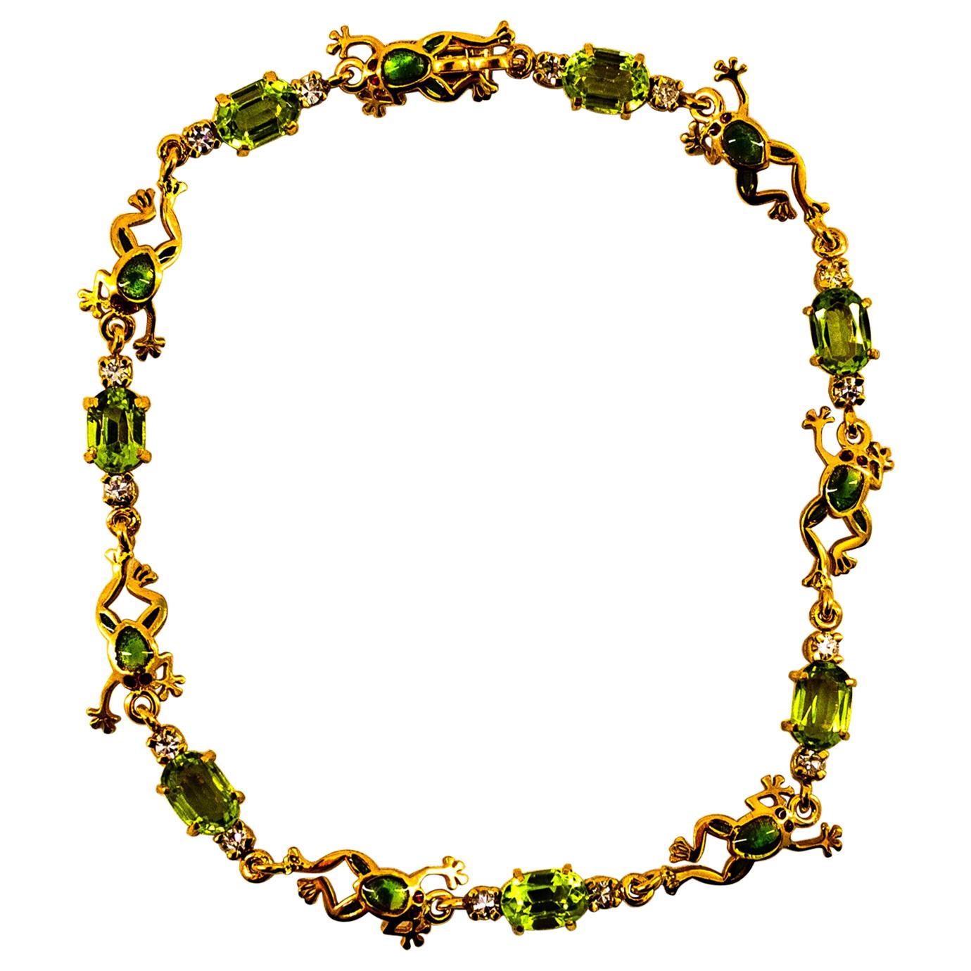 Art Nouveau Style White Diamond Peridot Enamel Yellow Gold "Frog" Bracelet For Sale