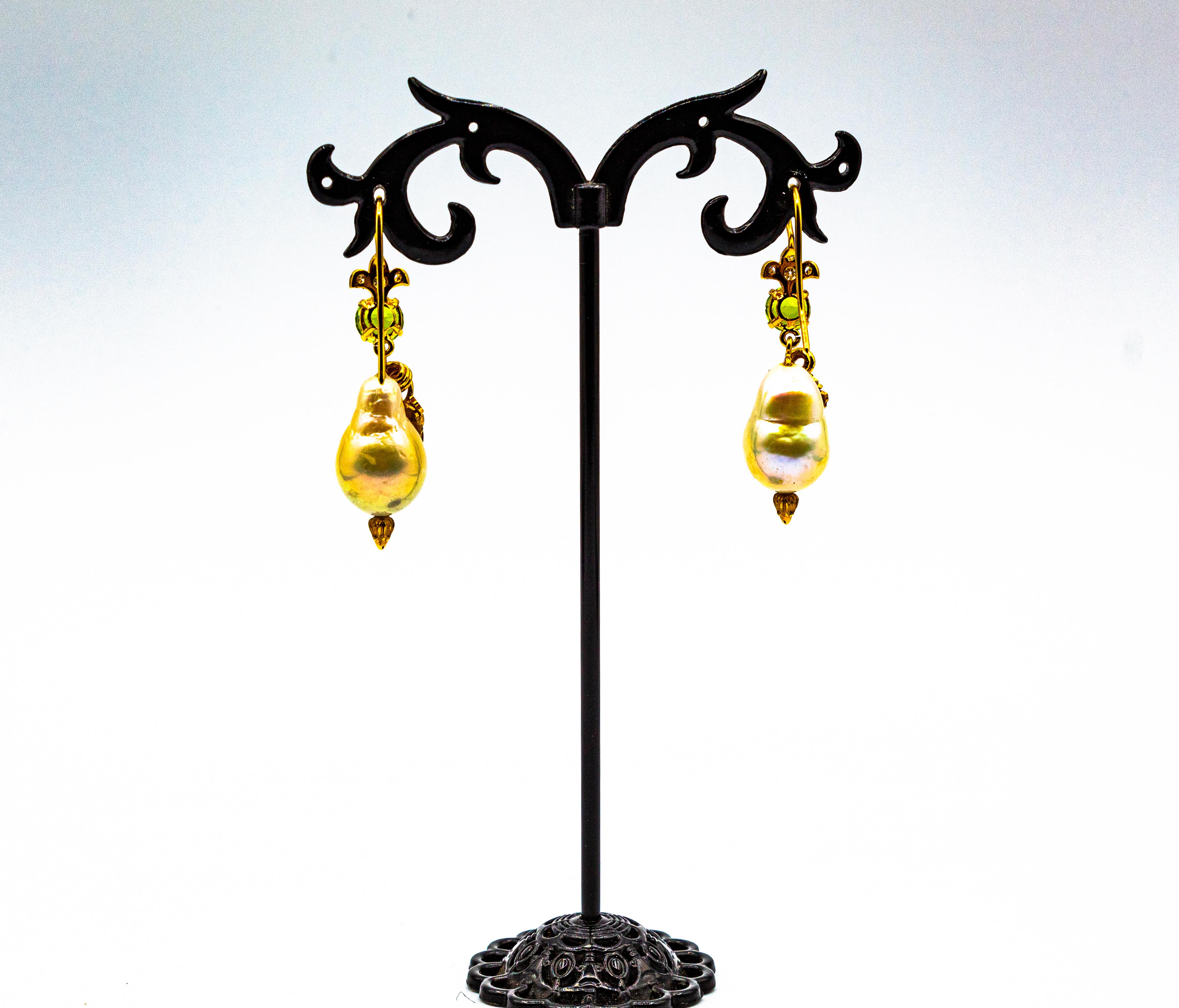 Art Nouveau Style White Diamond Peridot Pearl Enamel Yellow Gold Drop Earrings For Sale 5