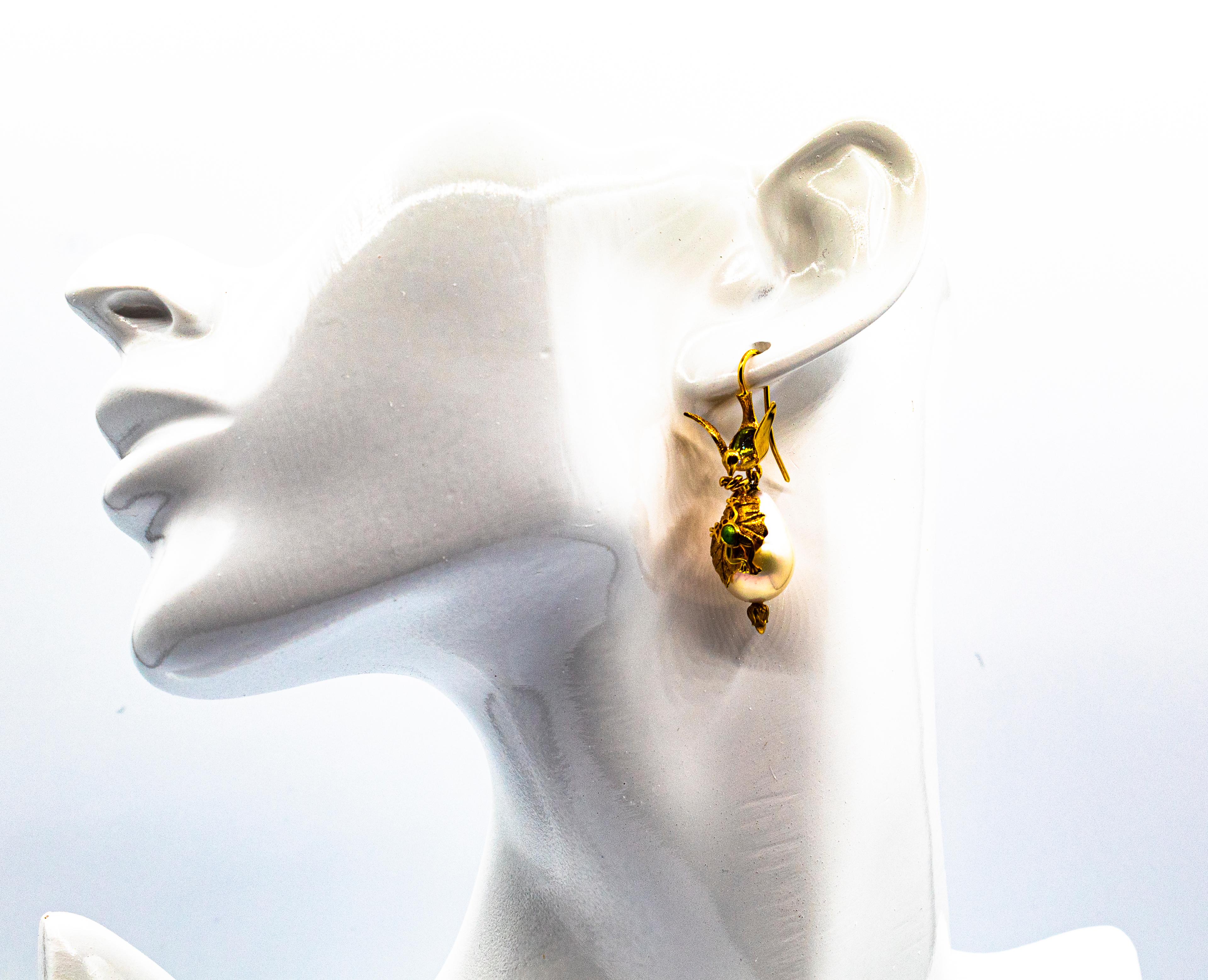 Art Nouveau Style White Diamond Peridot Pearl Enamel Yellow Gold Drop Earrings For Sale 5