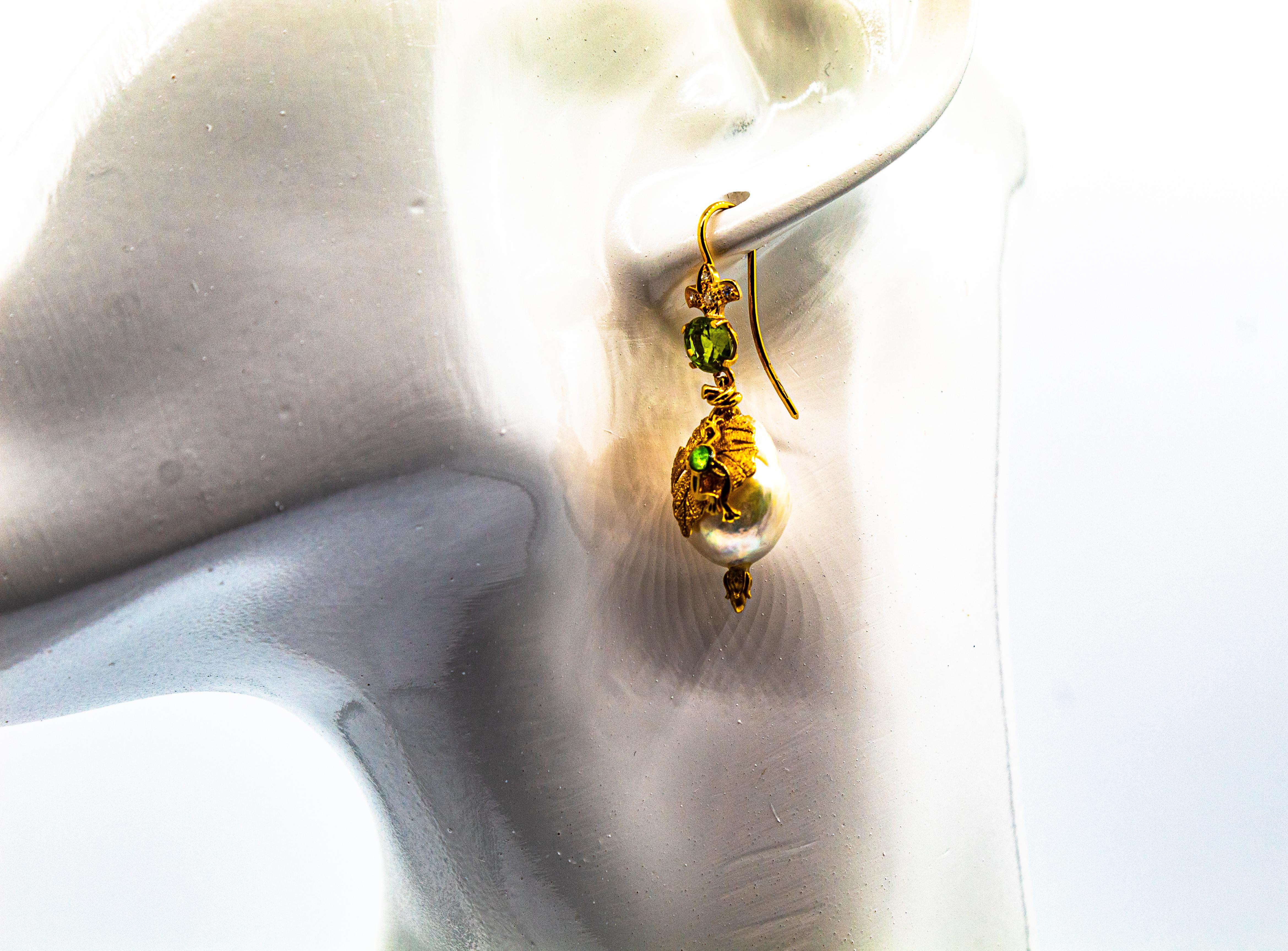 Art Nouveau Style White Diamond Peridot Pearl Enamel Yellow Gold Drop Earrings For Sale 3