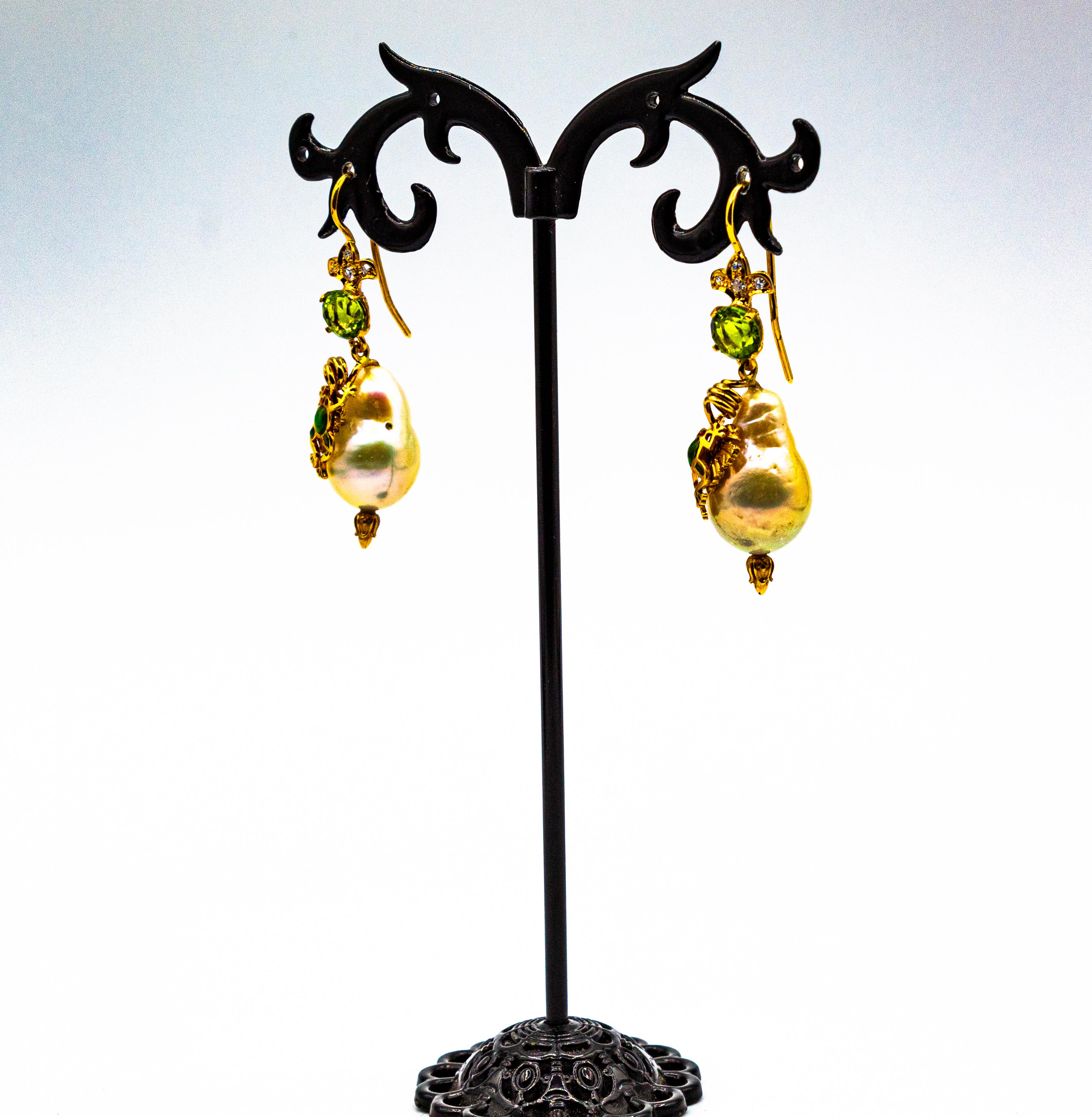 Pendientes Gota de Oro Amarillo Estilo Art Nouveau Diamante Blanco Peridoto Perla Esmalte 6