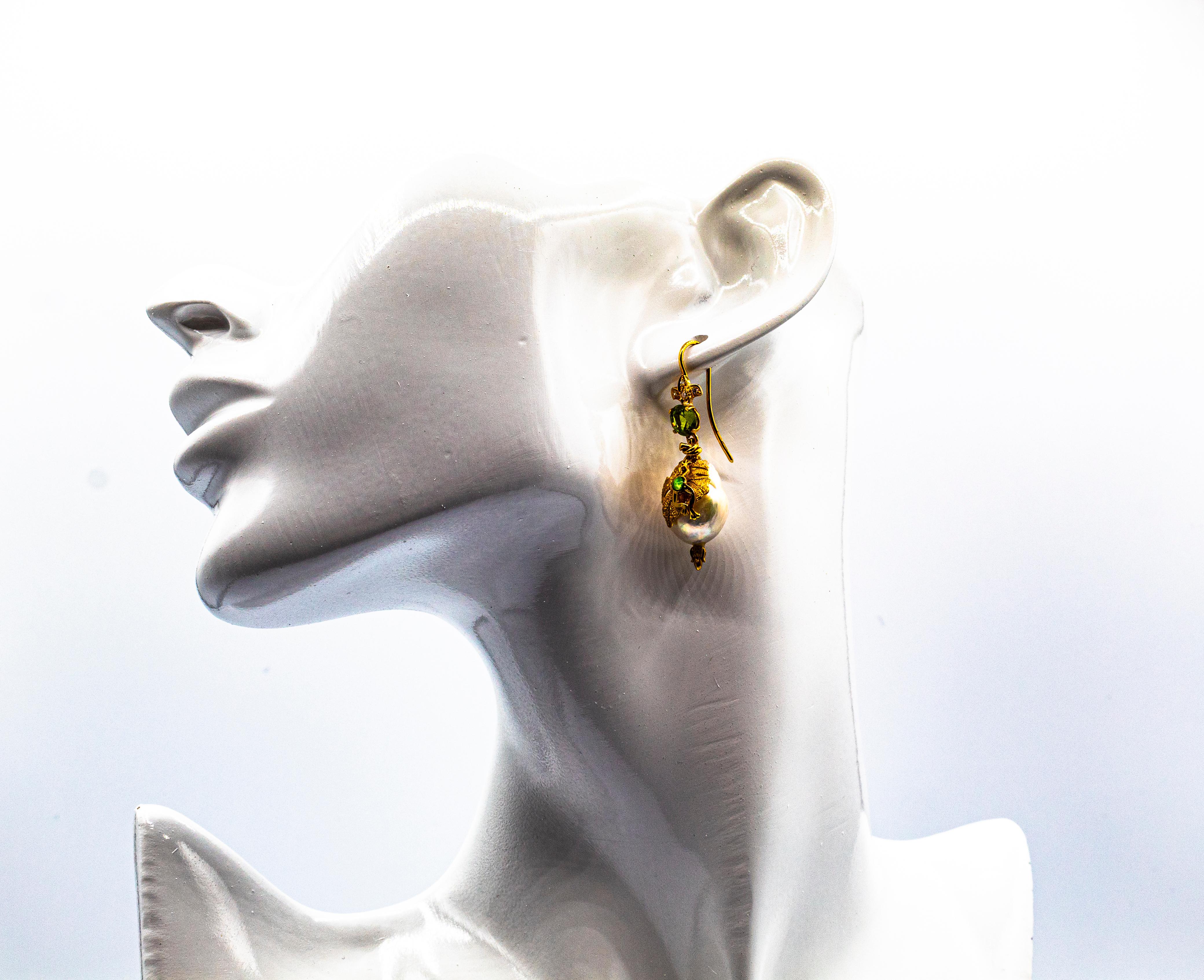 Art Nouveau Style White Diamond Peridot Pearl Enamel Yellow Gold Drop Earrings For Sale 4