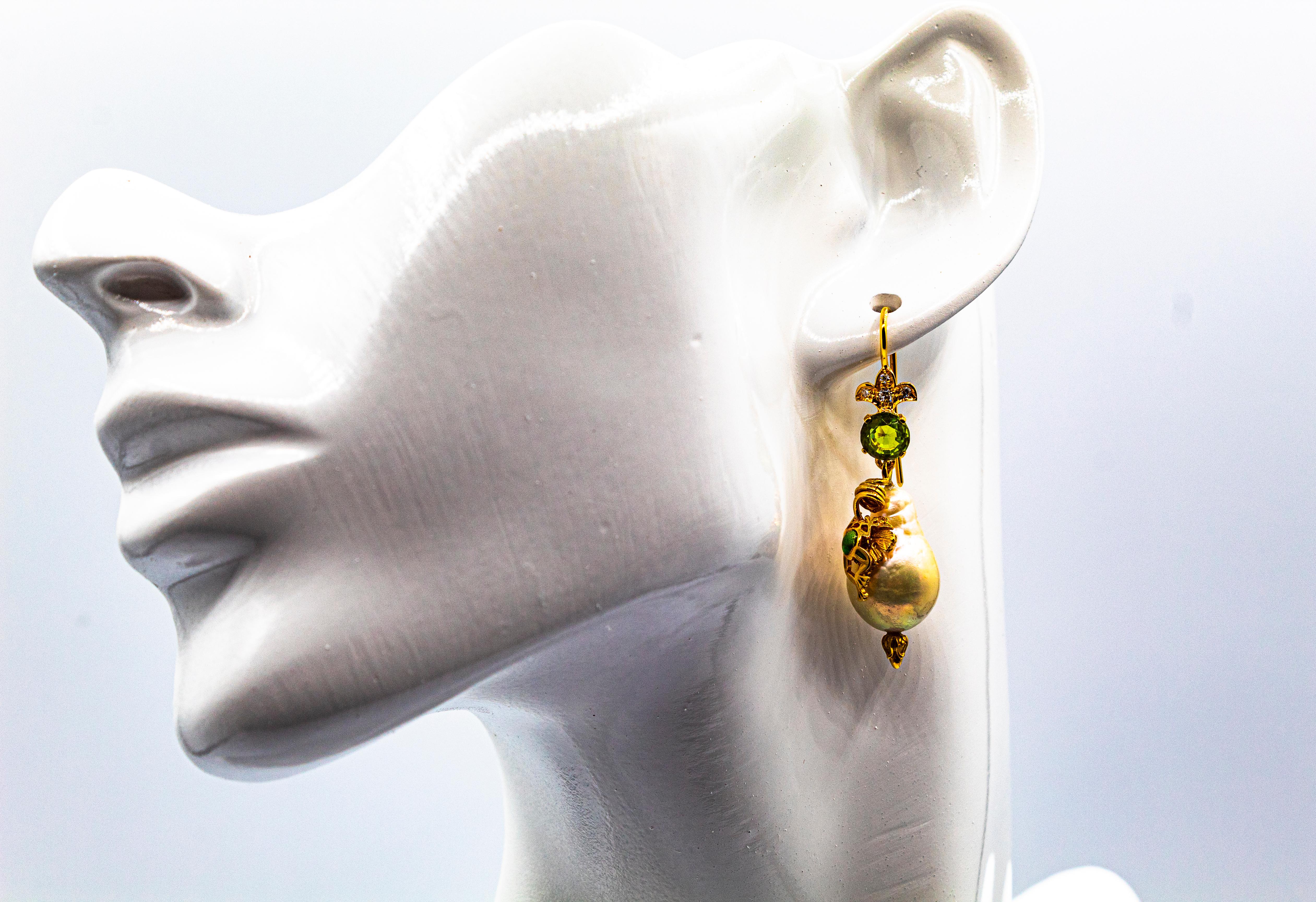 Pendientes Gota de Oro Amarillo Estilo Art Nouveau Diamante Blanco Peridoto Perla Esmalte 7