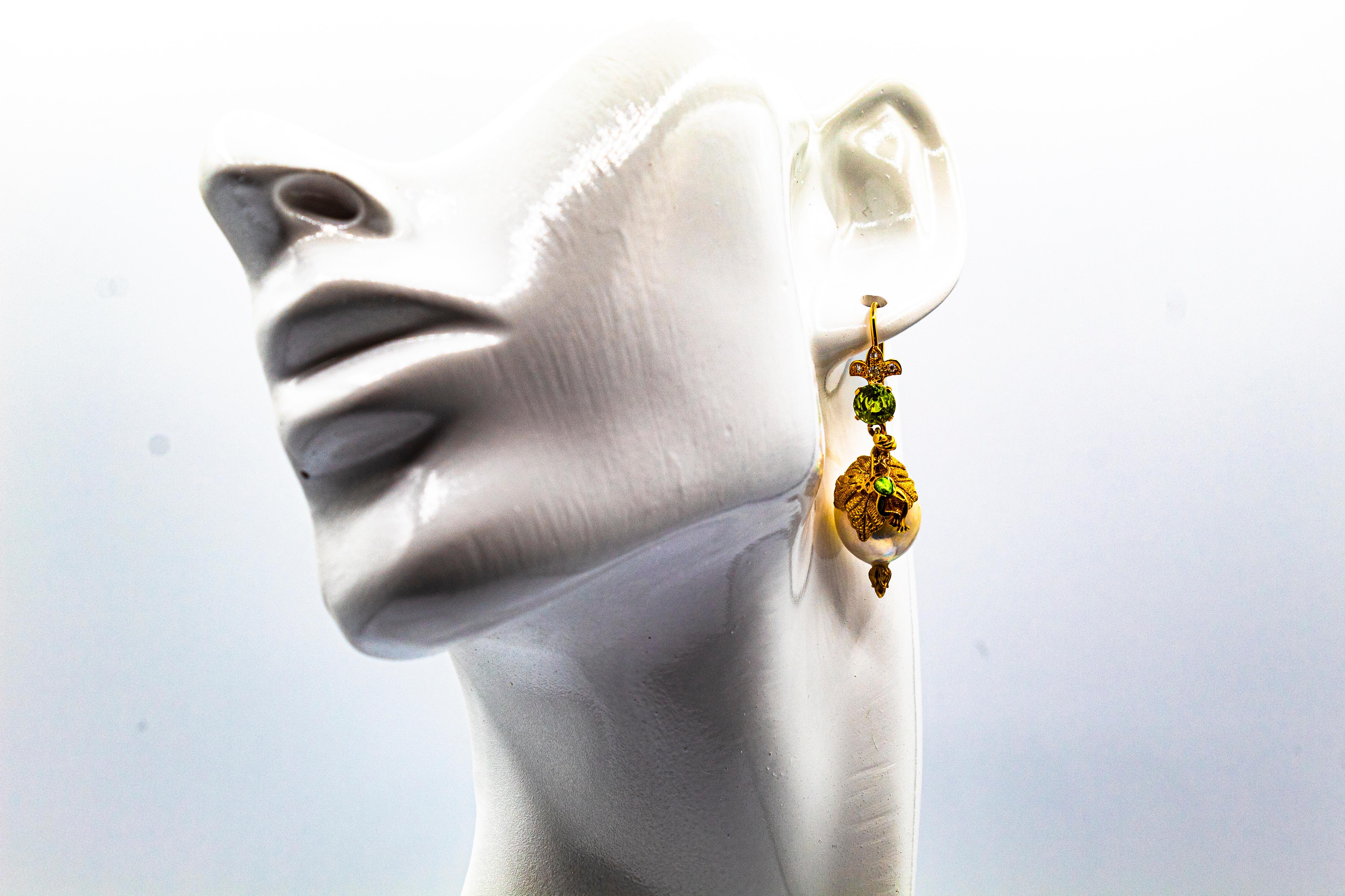 Art Nouveau Style White Diamond Peridot Pearl Enamel Yellow Gold Drop Earrings For Sale 5