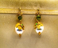 Art Nouveau Style White Diamond Peridot Pearl Enamel Yellow Gold Drop Earrings