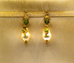 Art Nouveau Style White Diamond Peridot Pearl Enamel Yellow Gold Drop Earrings