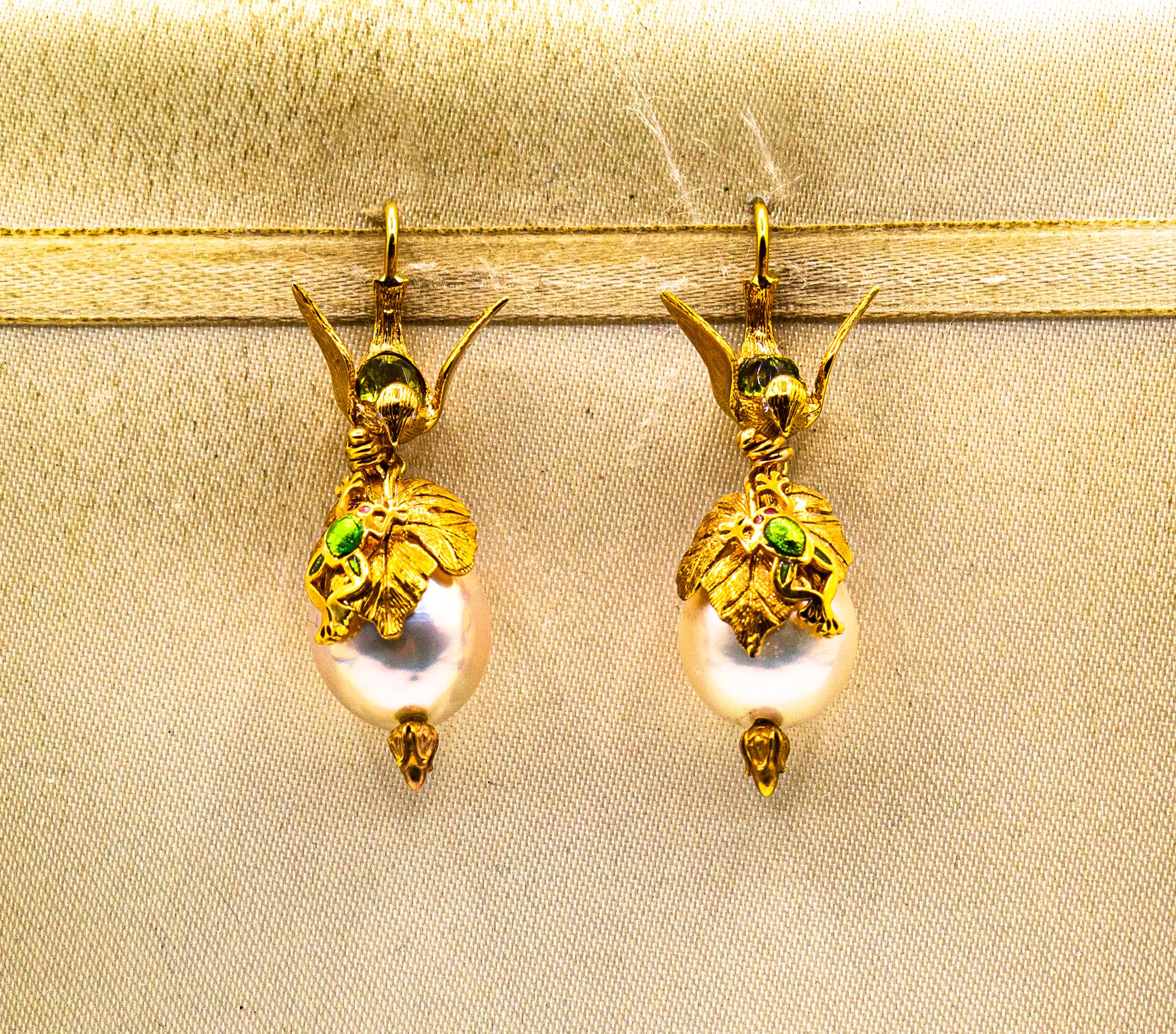 Brilliant Cut Art Nouveau Style White Diamond Peridot Pearl Enamel Yellow Gold Drop Earrings For Sale