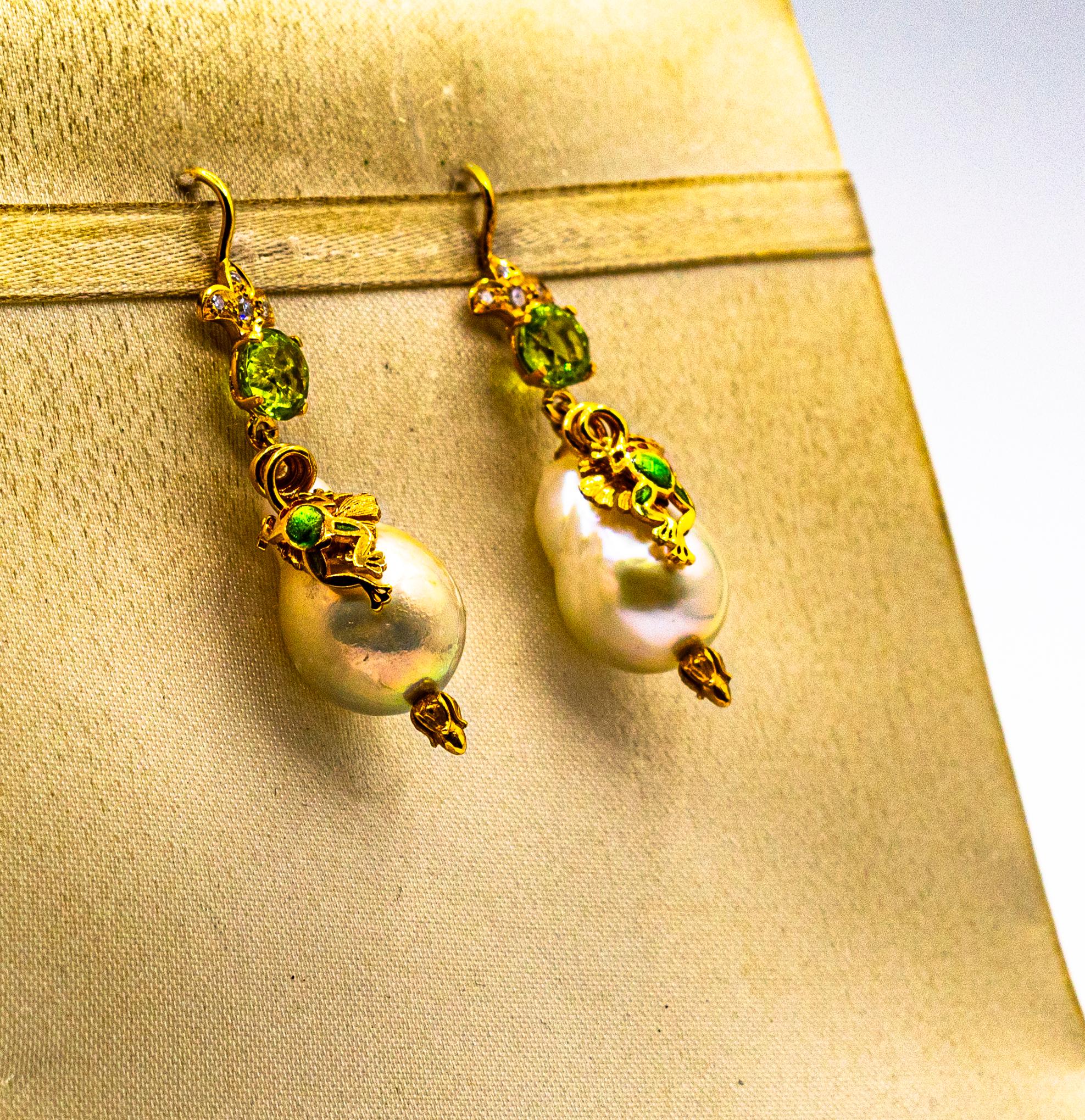 Art Nouveau Style White Diamond Peridot Pearl Enamel Yellow Gold Drop Earrings In New Condition In Naples, IT