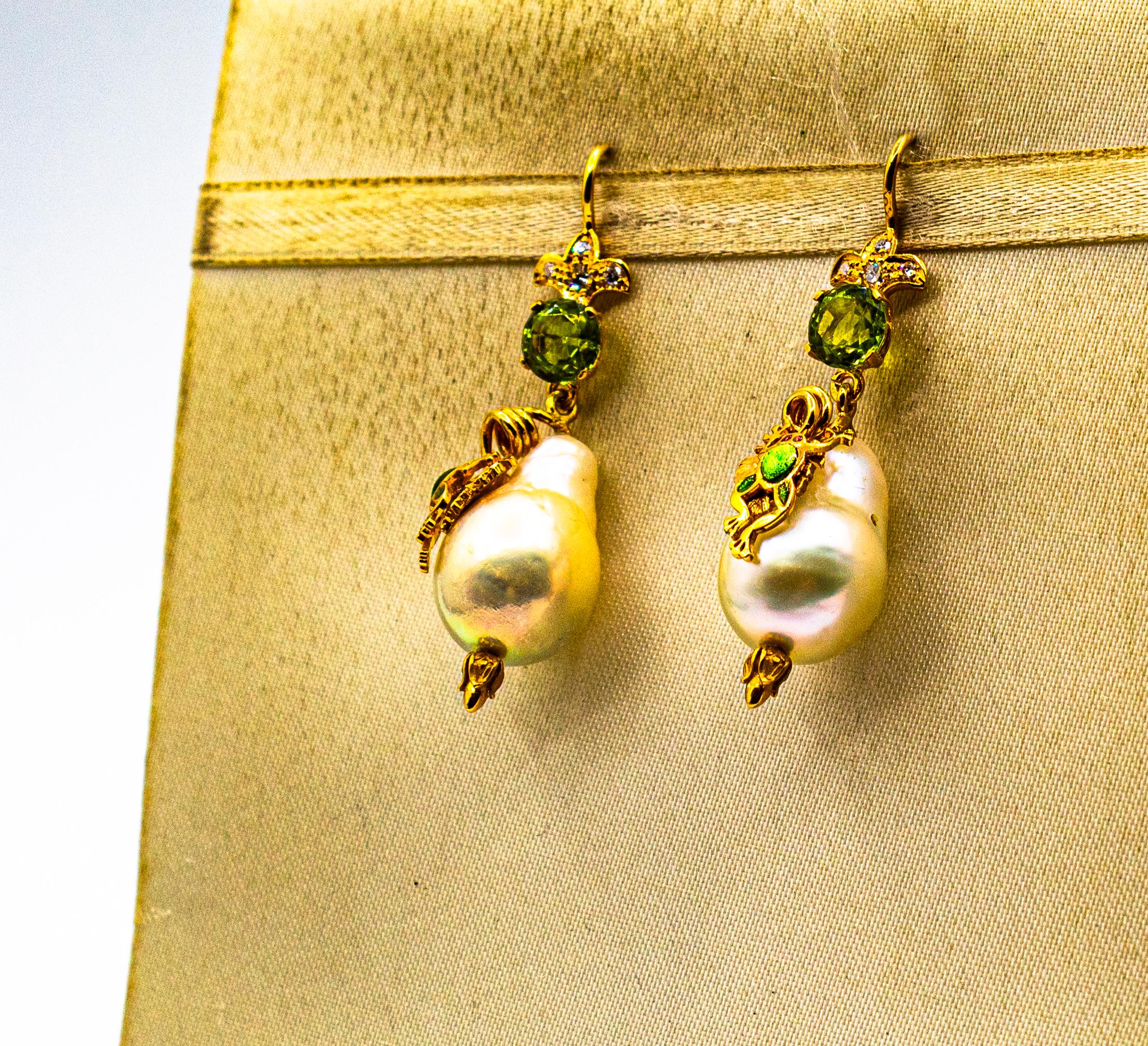 Women's or Men's Art Nouveau Style White Diamond Peridot Pearl Enamel Yellow Gold Drop Earrings