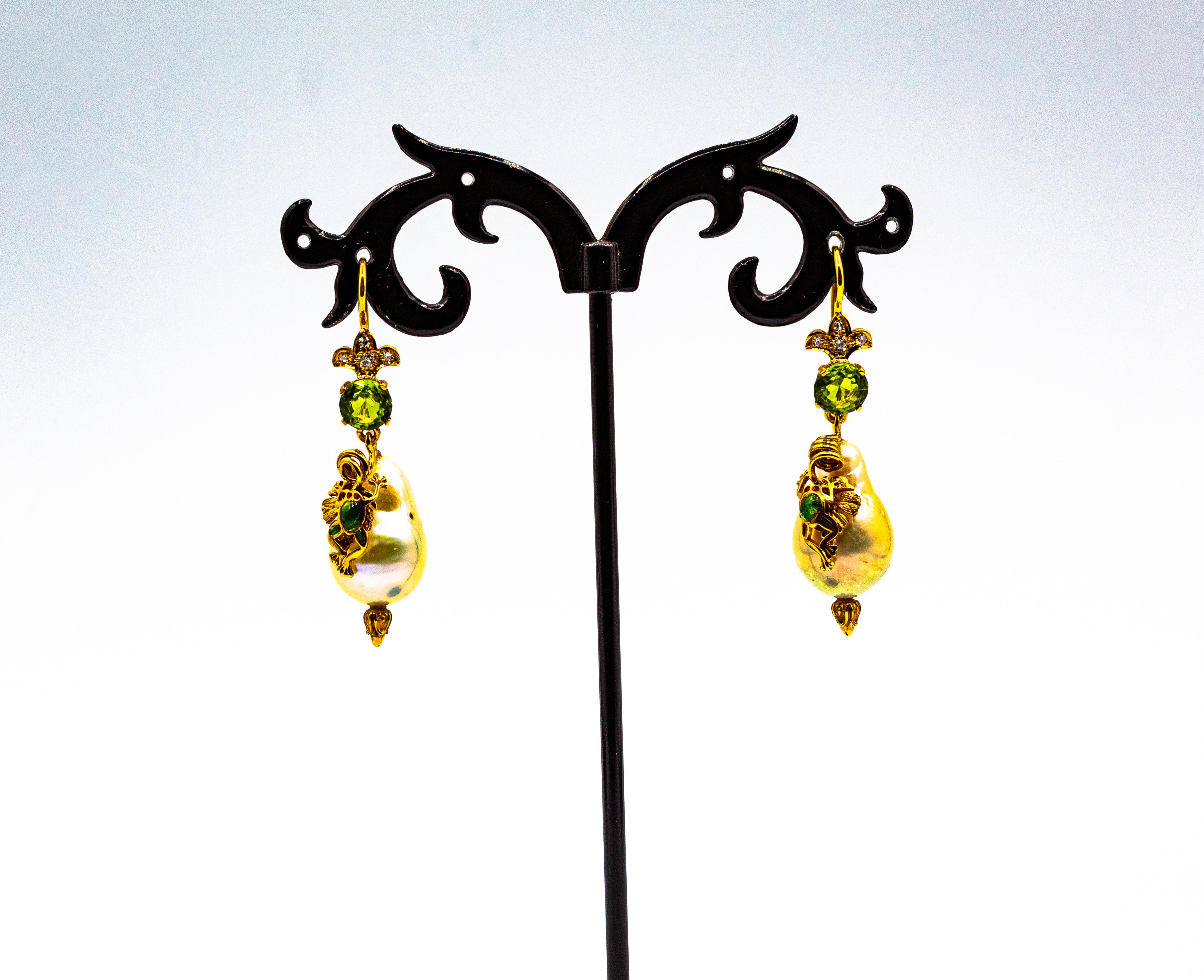 Pendientes Gota de Oro Amarillo Estilo Art Nouveau Diamante Blanco Peridoto Perla Esmalte 1
