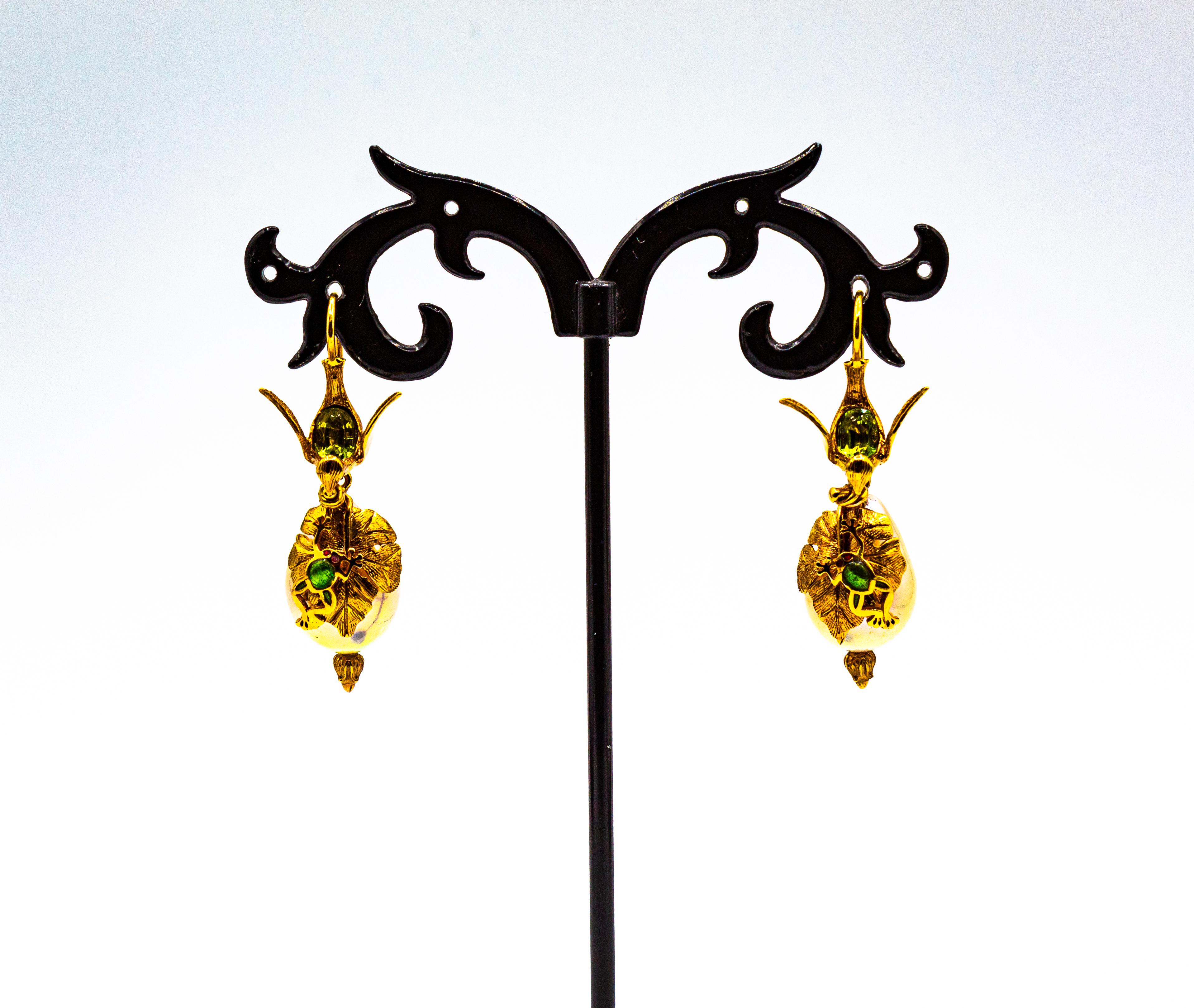 Art Nouveau Style White Diamond Peridot Pearl Enamel Yellow Gold Drop Earrings For Sale 1