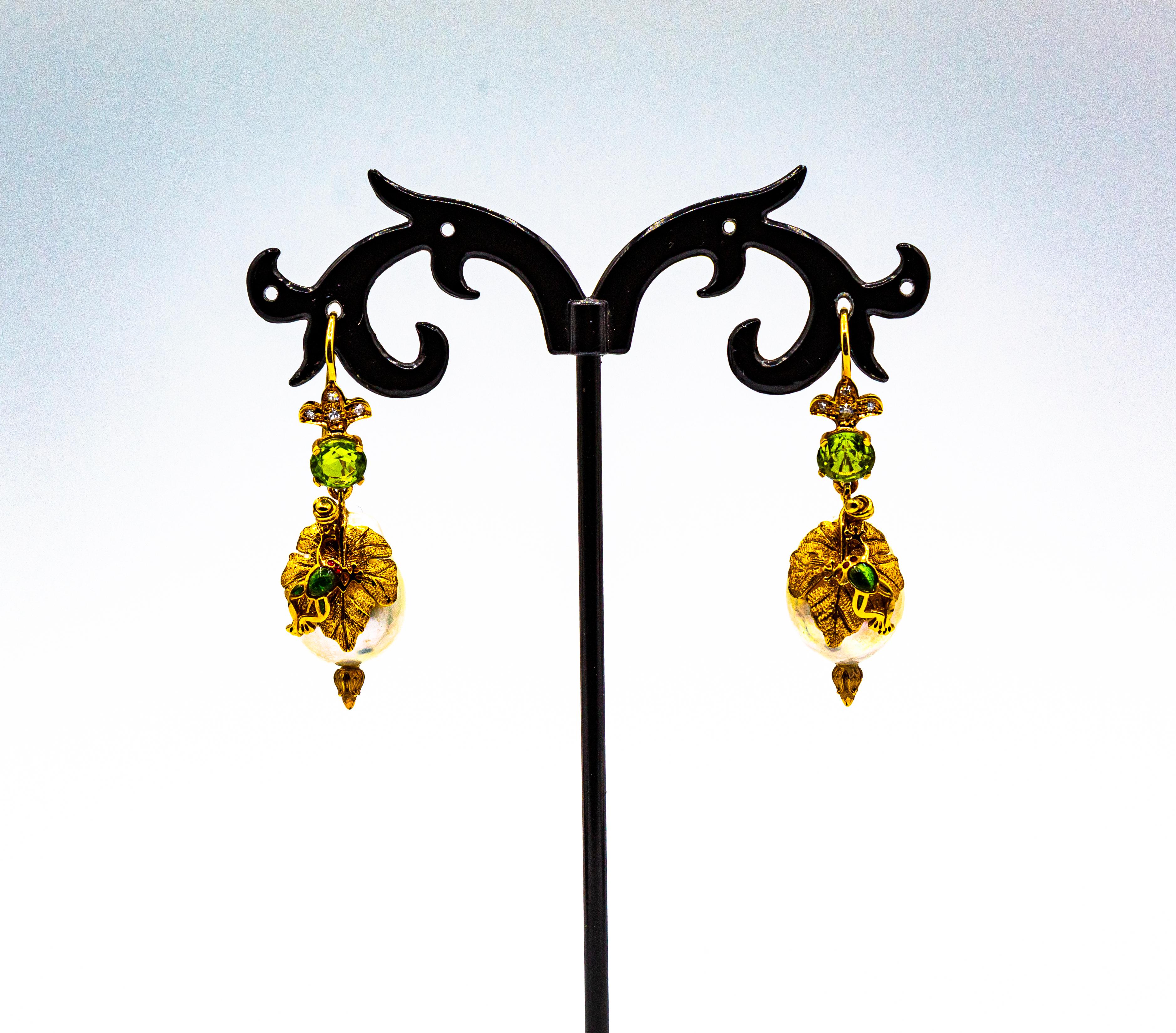 Art Nouveau Style White Diamond Peridot Pearl Enamel Yellow Gold Drop Earrings In New Condition For Sale In Naples, IT