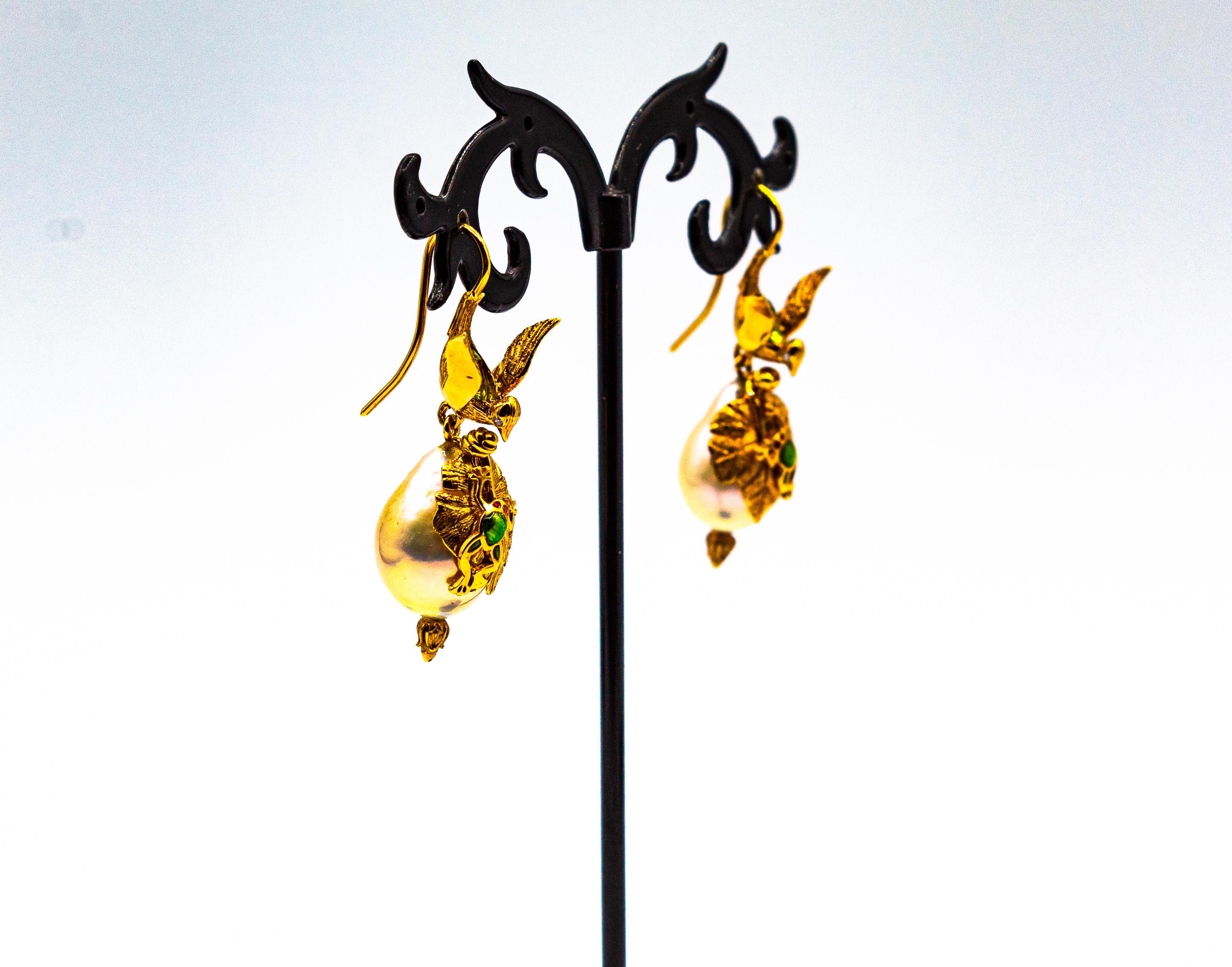 Art Nouveau Style White Diamond Peridot Pearl Enamel Yellow Gold Drop Earrings For Sale 2
