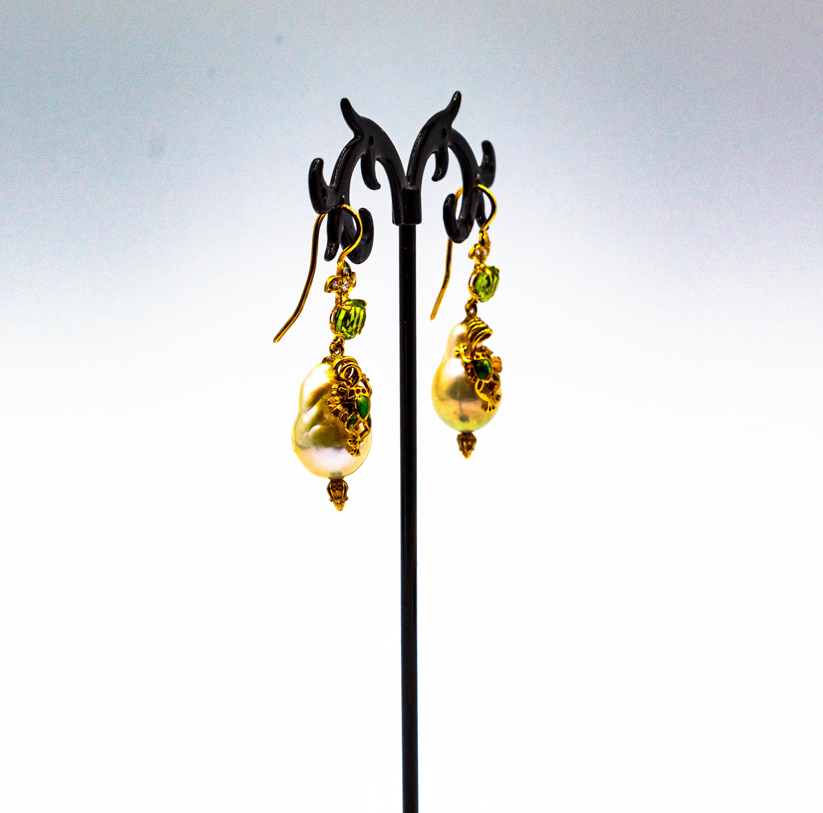 Art Nouveau Style White Diamond Peridot Pearl Enamel Yellow Gold Drop Earrings 3