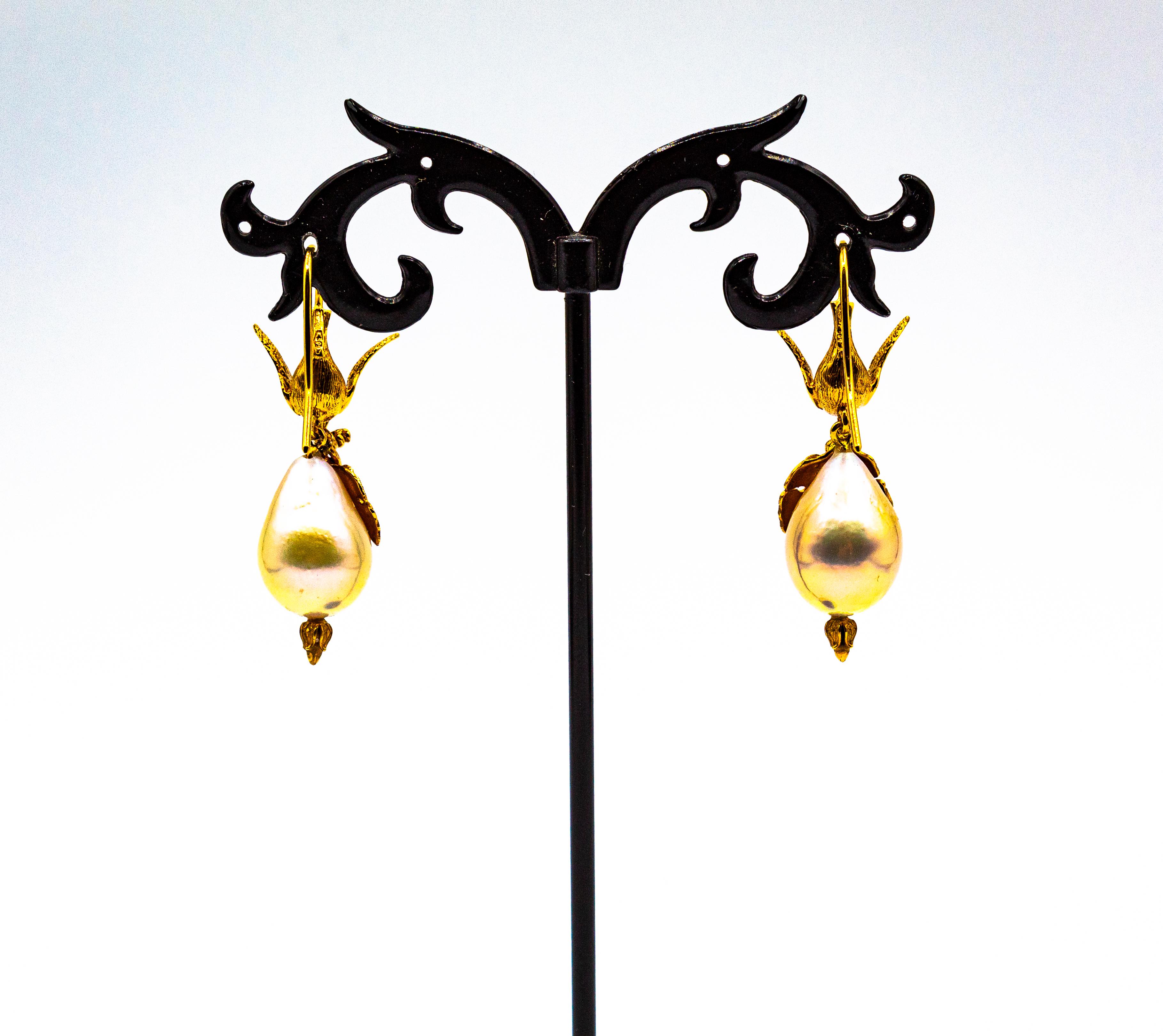 Art Nouveau Style White Diamond Peridot Pearl Enamel Yellow Gold Drop Earrings For Sale 3