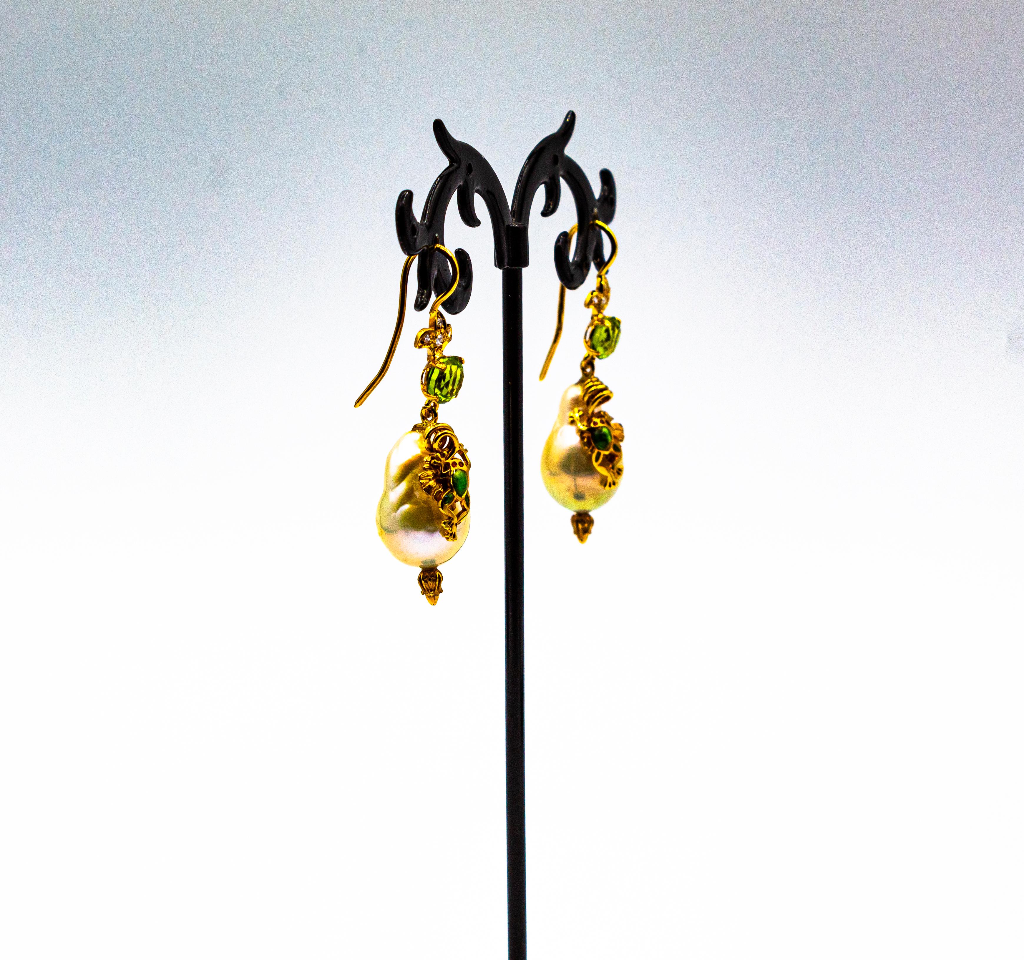 Art Nouveau Style White Diamond Peridot Pearl Enamel Yellow Gold Drop Earrings 4