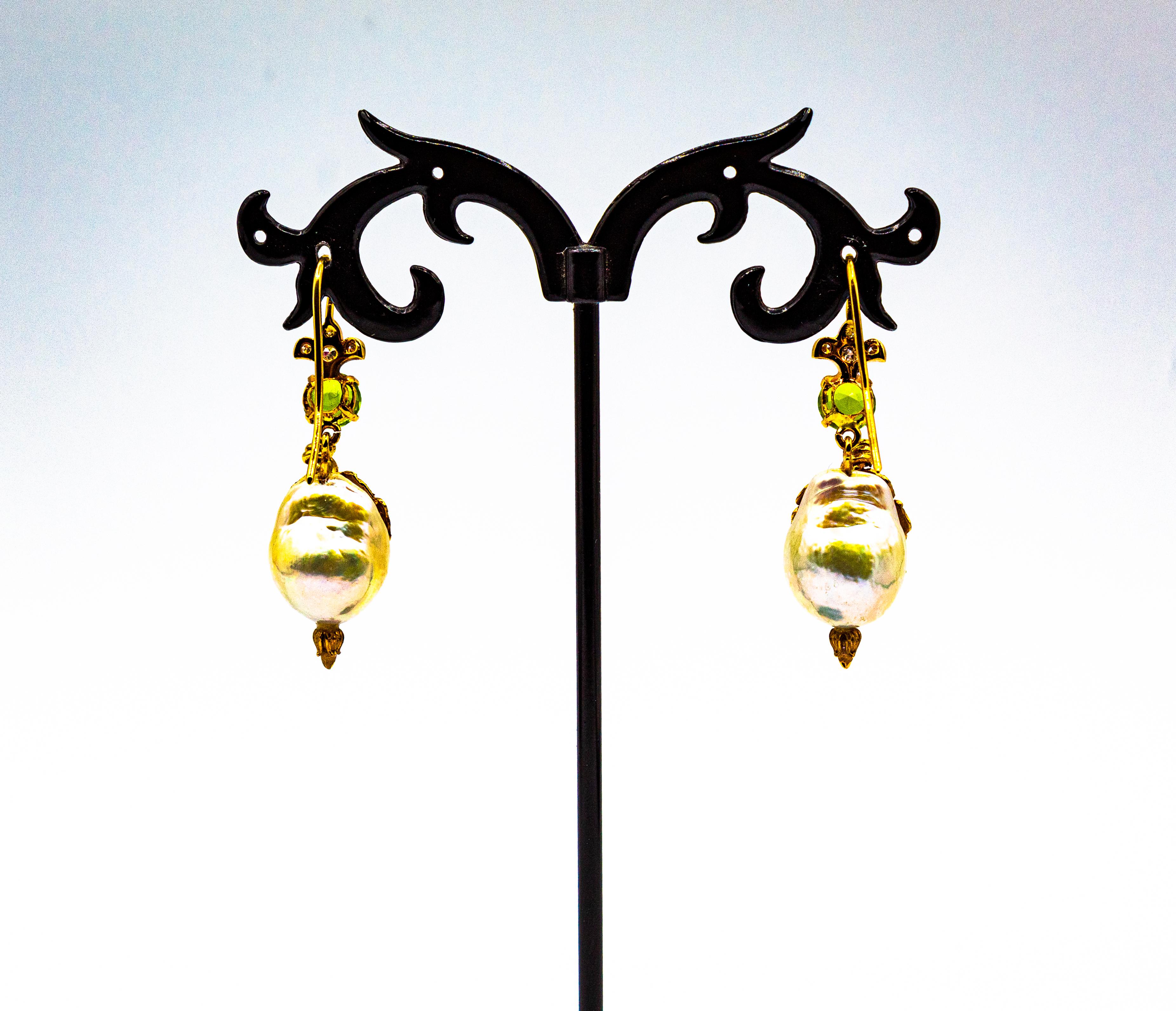 Art Nouveau Style White Diamond Peridot Pearl Enamel Yellow Gold Drop Earrings For Sale 1