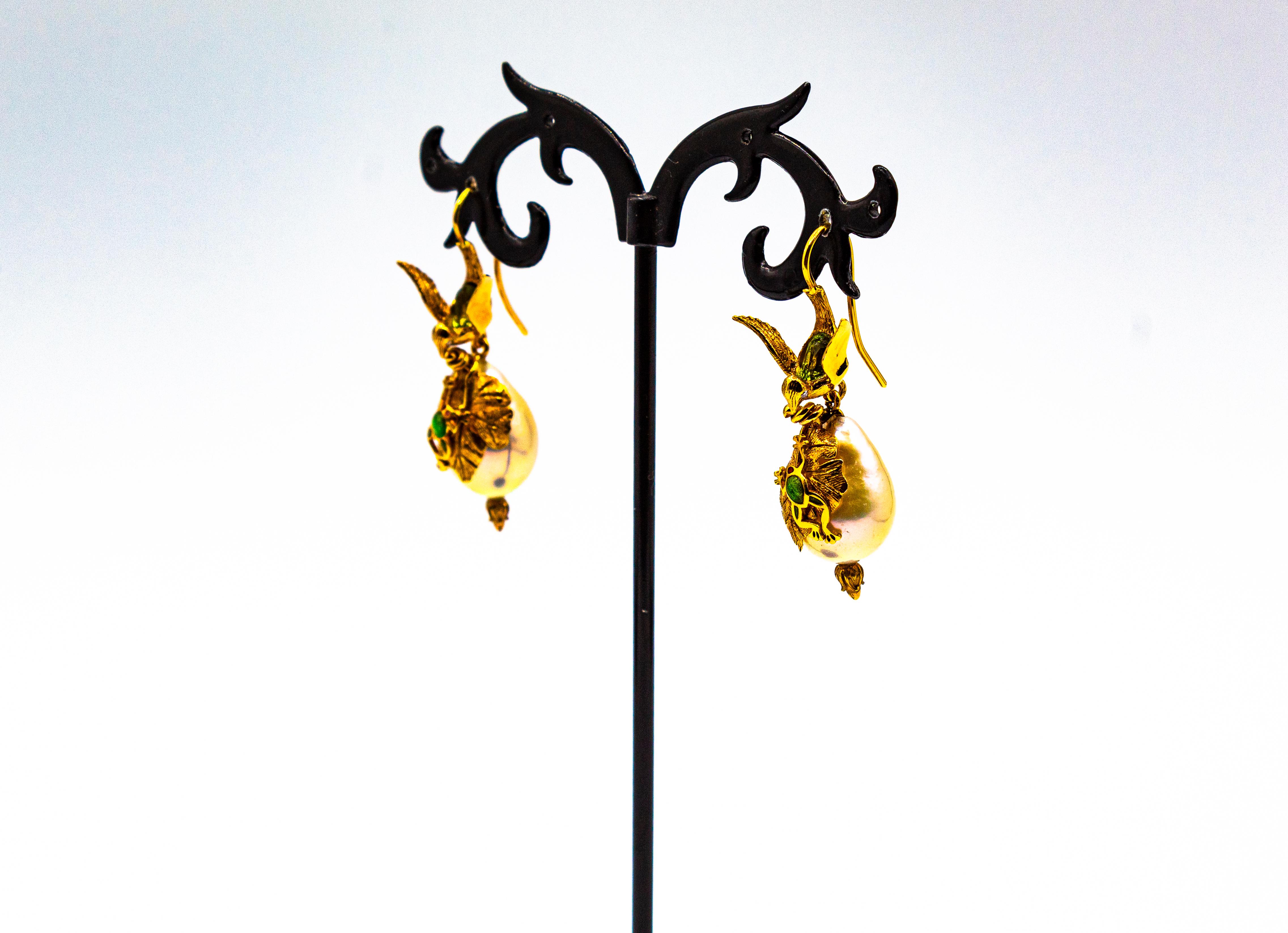 Art Nouveau Style White Diamond Peridot Pearl Enamel Yellow Gold Drop Earrings For Sale 4