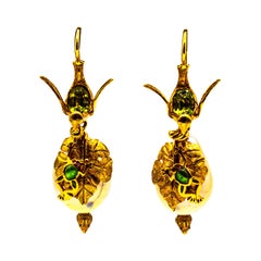 Art Nouveau Style White Diamond Peridot Pearl Enamel Yellow Gold Drop Earrings Art Nouveau Style White Diamond Peridot Pearl Enamel Yellow Gold Drop Earrings