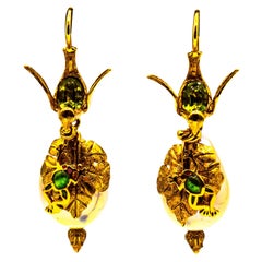 art nouveau style jewelry Art Nouveau Style White Diamond Peridot Pearl Enamel Yellow Gold Drop Earrings