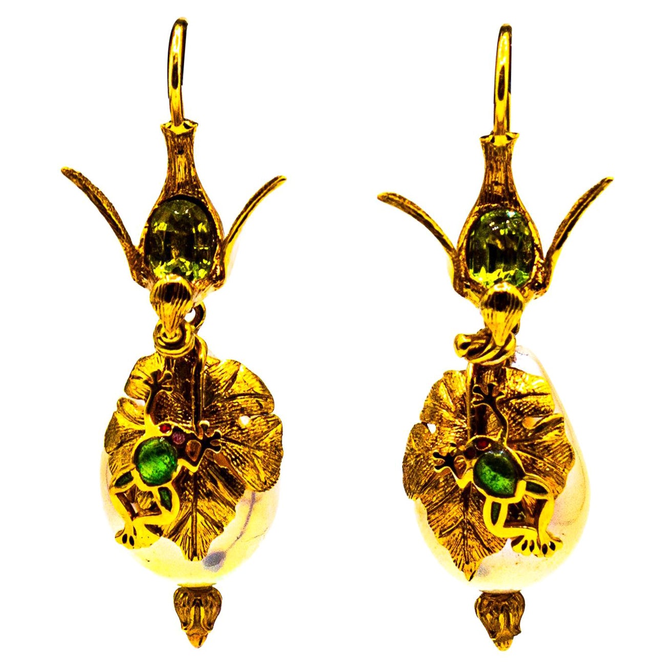 Pendientes Gota de Oro Amarillo Estilo Art Nouveau Diamante Blanco Peridoto Perla Esmalte