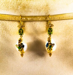 Art Nouveau Style White Diamond Peridot Pearl Enamel Yellow Gold "Frog" Earrings