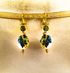 Art Nouveau Style White Diamond Peridot Pearl Enamel Yellow Gold "Frog" Earrings