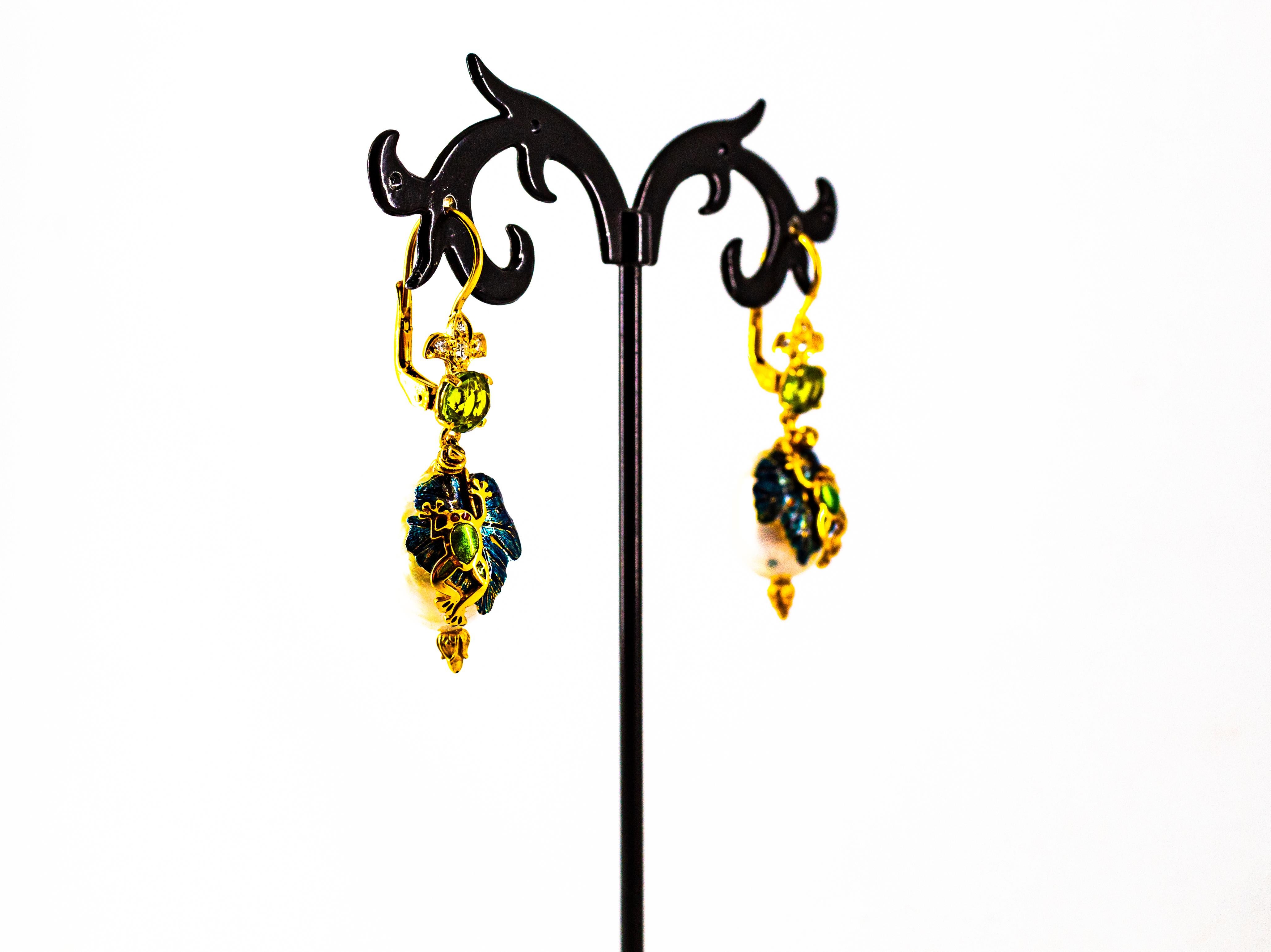 Art Nouveau Style White Diamond Peridot Pearl Enamel Yellow Gold 