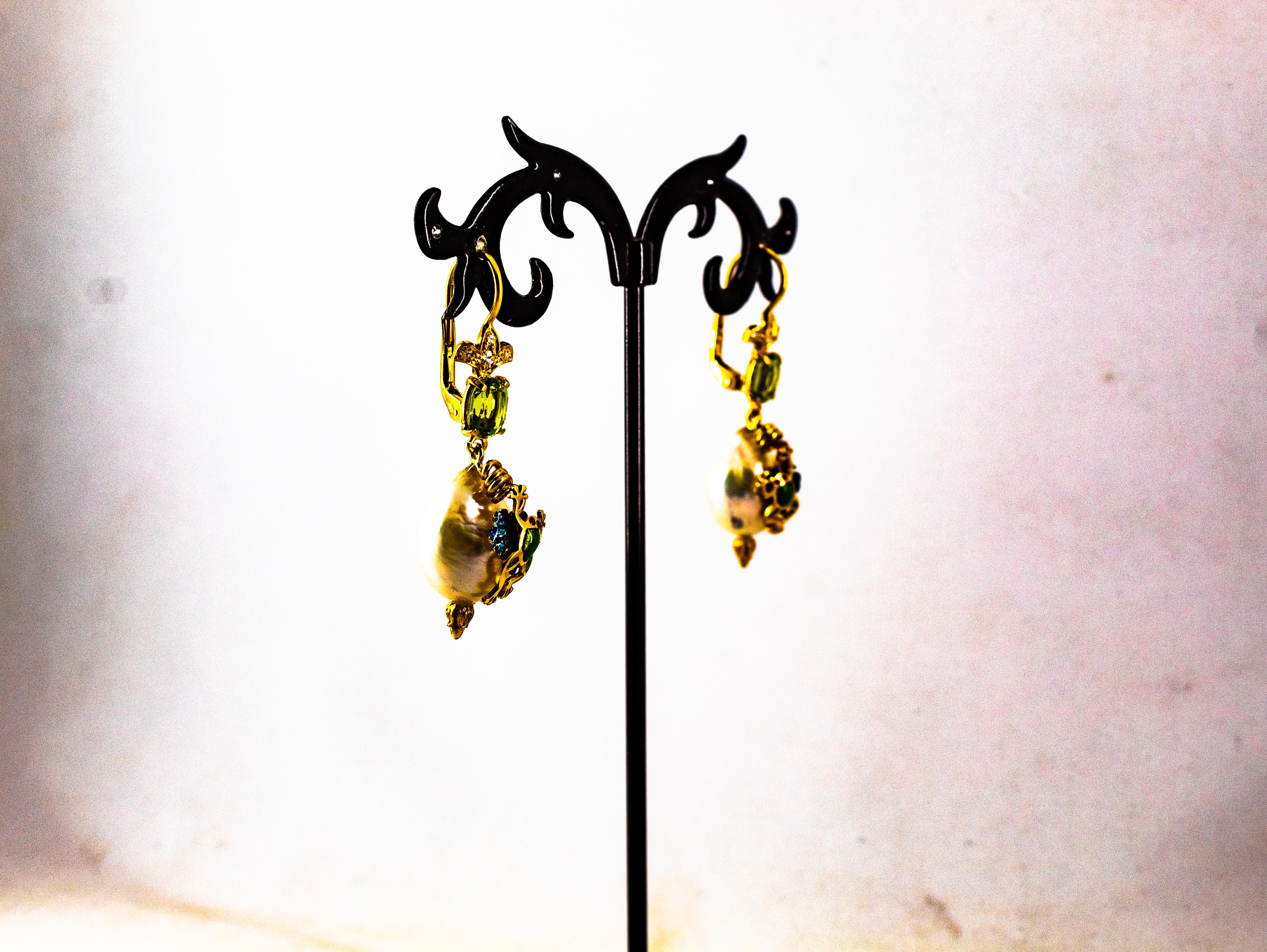 Gelbgold-Ohrringe „Frog“ im Jugendstil, weißer Diamant Peridot Perle Emaille im Angebot 3