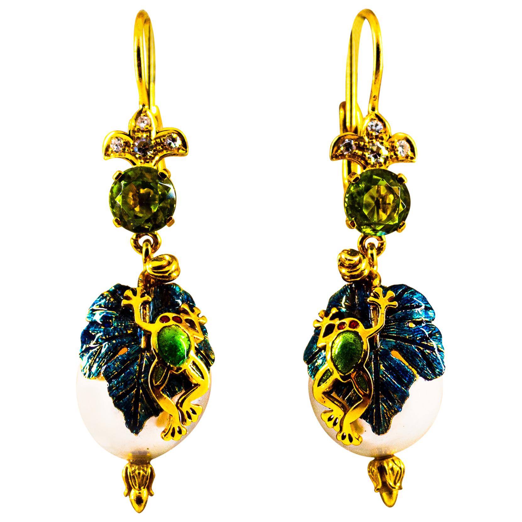 Art Nouveau Style White Diamond Peridot Pearl Enamel Yellow Gold "Frog" Earrings