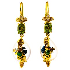 Art Nouveau Style White Diamond Peridot Pearl Enamel Yellow Gold "Frog" Earrings