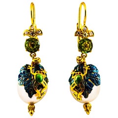 Art Nouveau Style White Diamond Peridot Pearl Enamel Yellow Gold "Frog" Earrings