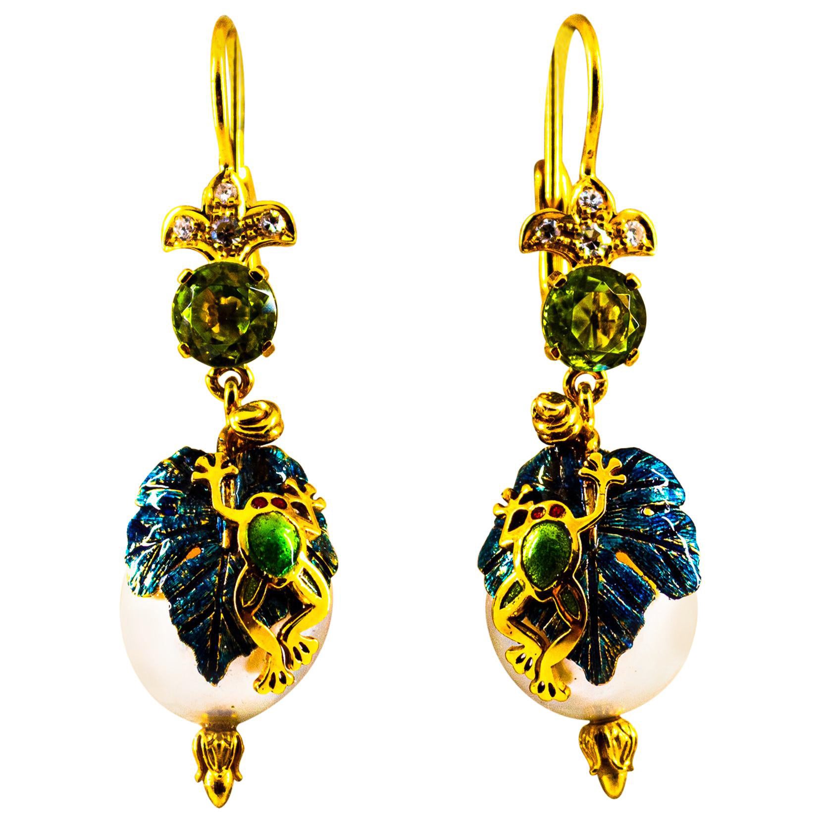 Art Nouveau Style White Diamond Peridot Pearl Enamel Yellow Gold "Frog" Earrings For Sale