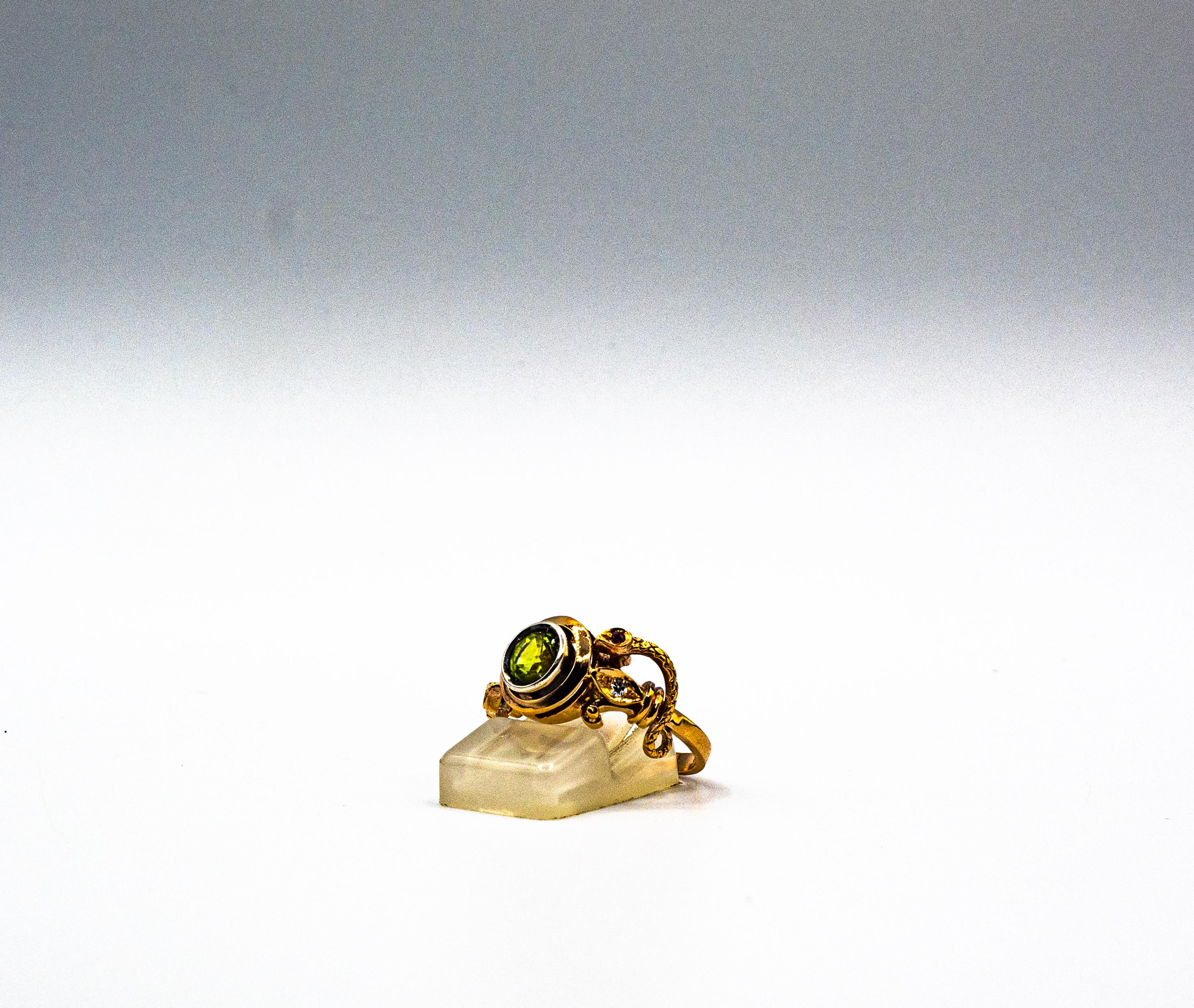 Art Nouveau Style White Diamond Peridot Ruby Yellow Gold Cocktail Ring For Sale 4