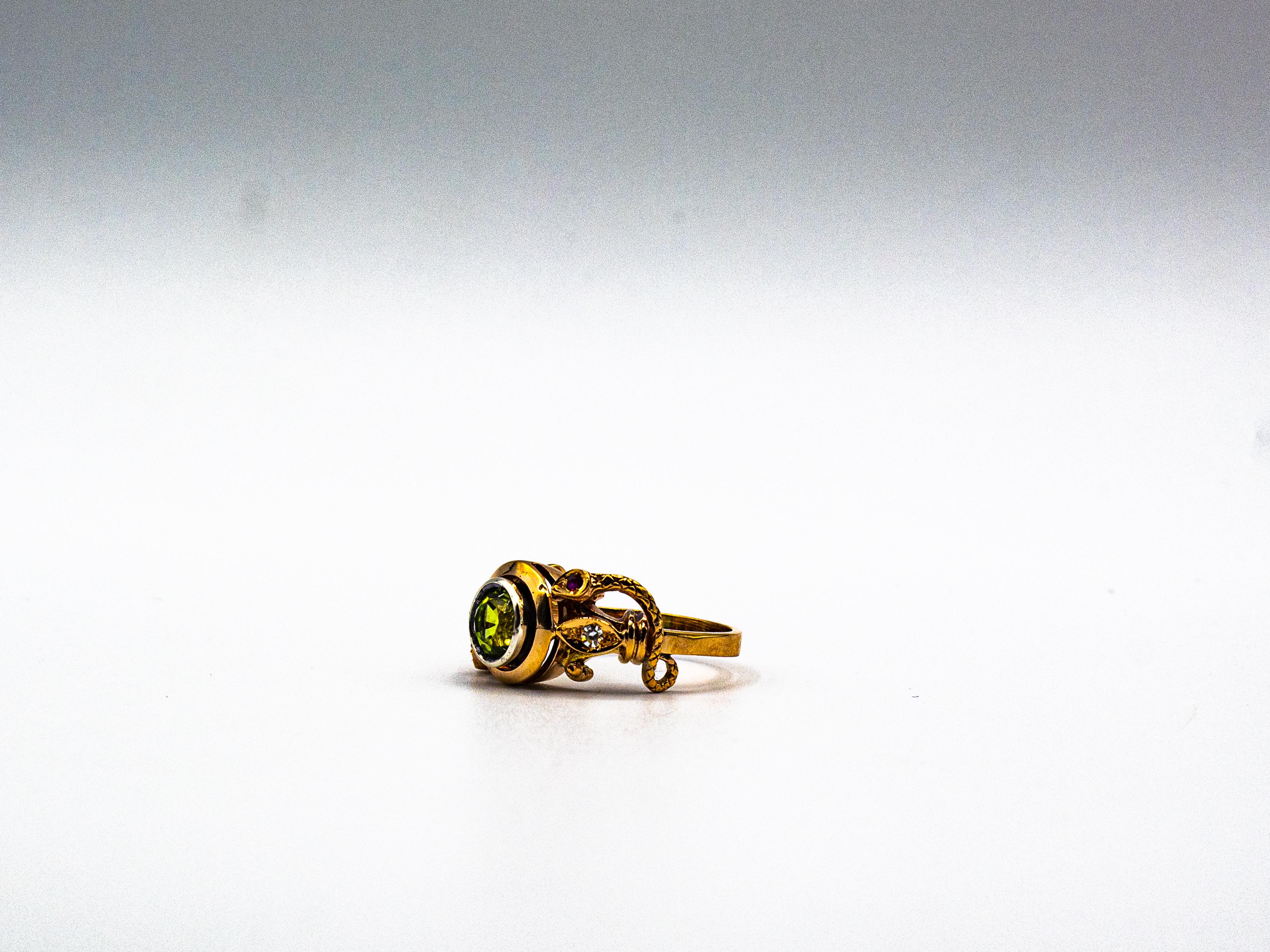 Art Nouveau Style White Diamond Peridot Ruby Yellow Gold Cocktail Ring For Sale 6