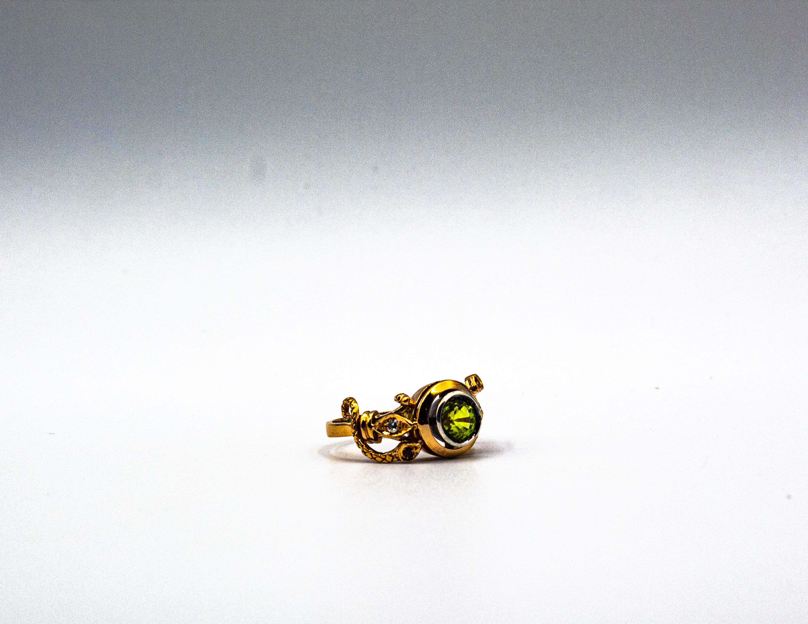 Art Nouveau Style White Diamond Peridot Ruby Yellow Gold Cocktail Ring For Sale 8