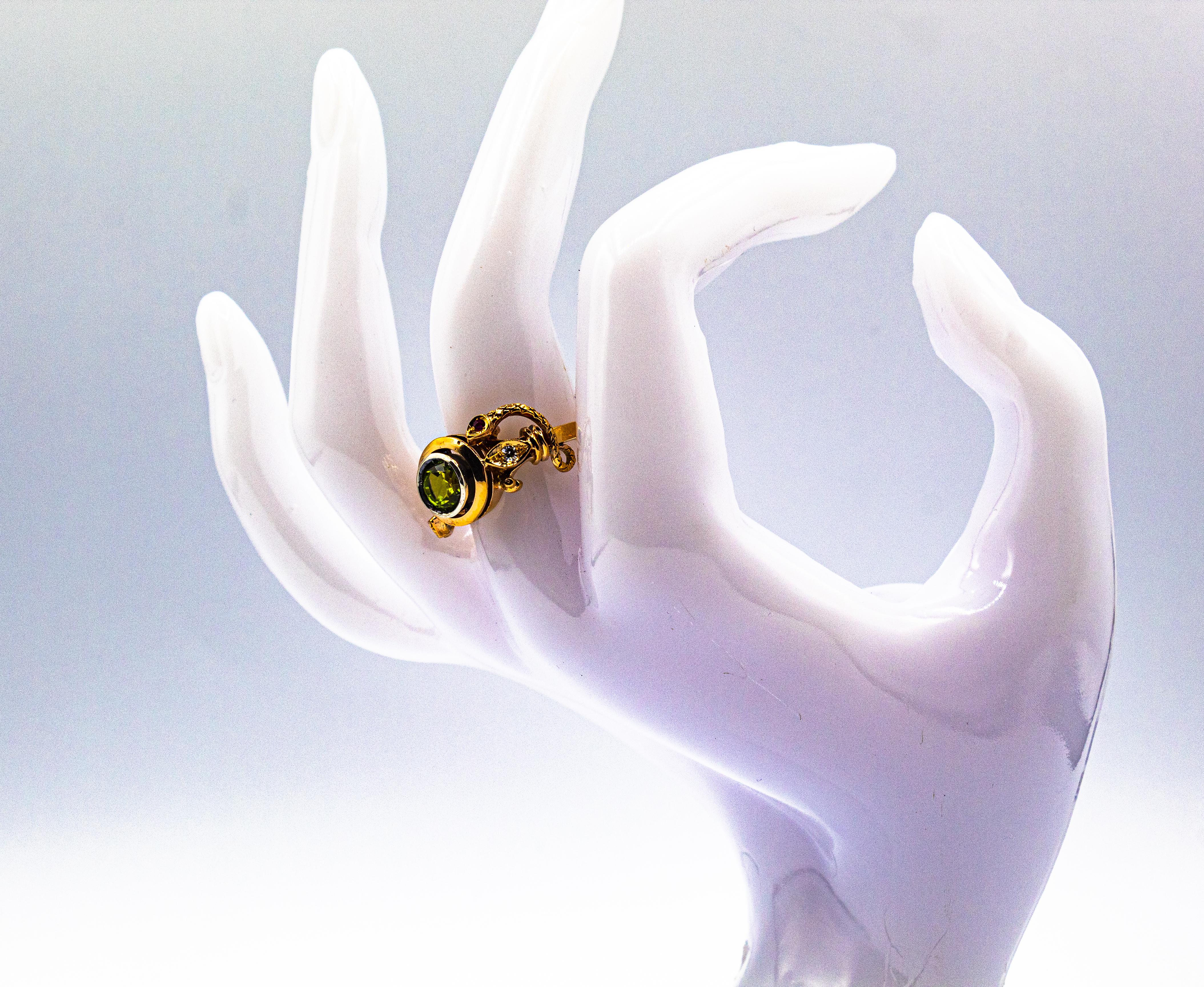 Anillo de Cóctel de Oro Amarillo Estilo Art Nouveau Diamante Blanco Peridoto Rubí en venta 10