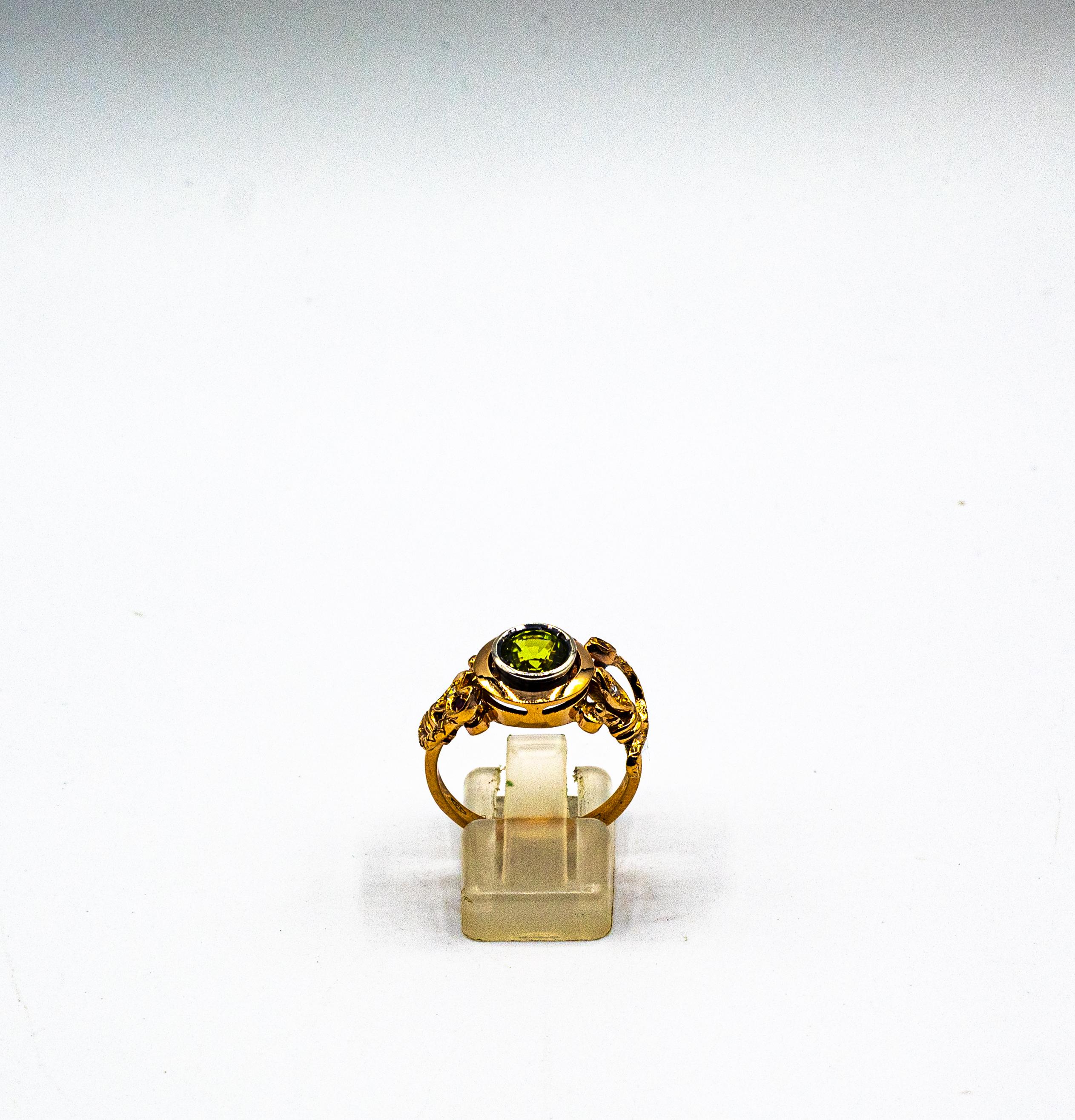 Art Deco Art Nouveau Style White Diamond Peridot Ruby Yellow Gold Cocktail Ring For Sale