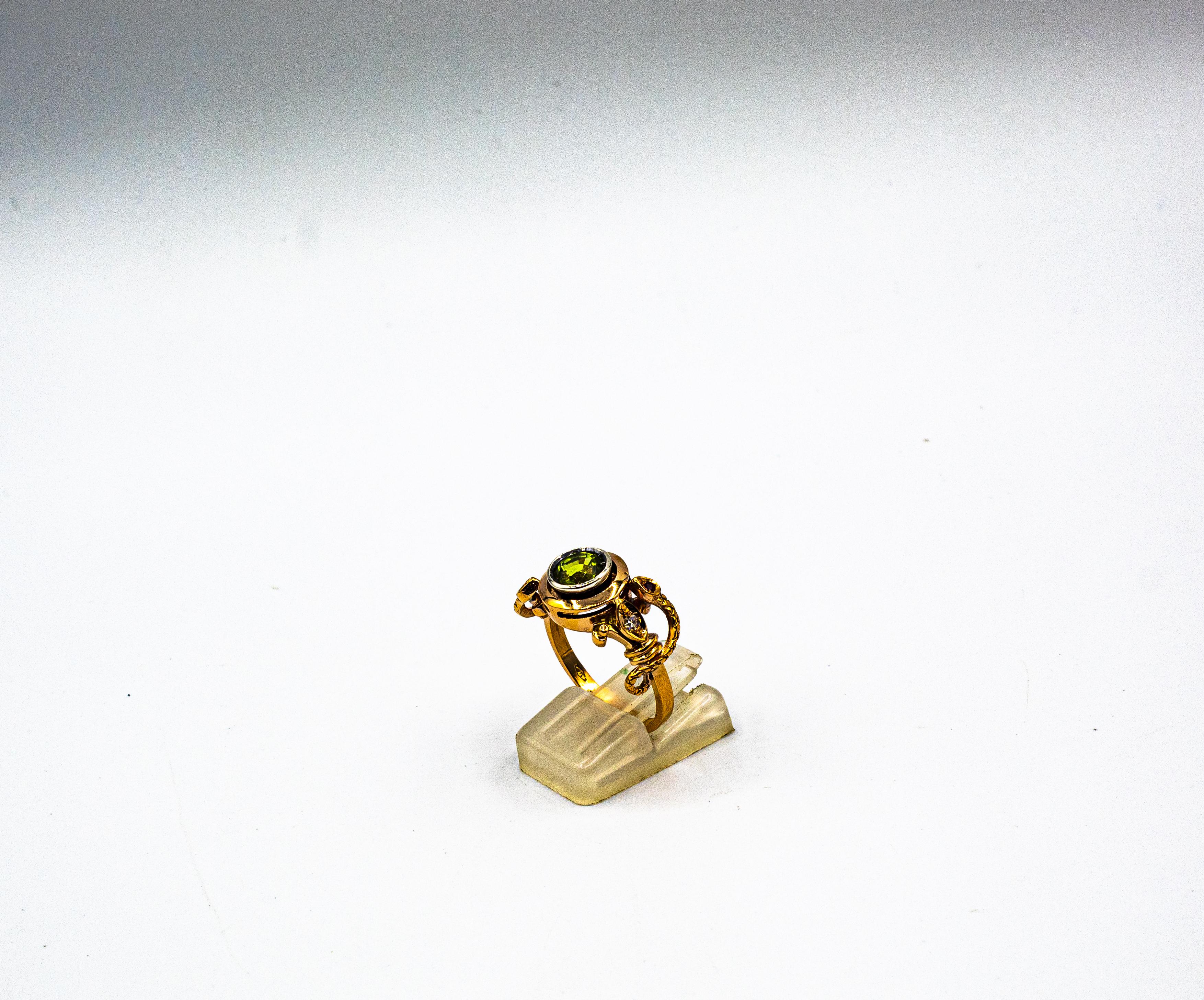 Old European Cut Art Nouveau Style White Diamond Peridot Ruby Yellow Gold Cocktail Ring For Sale