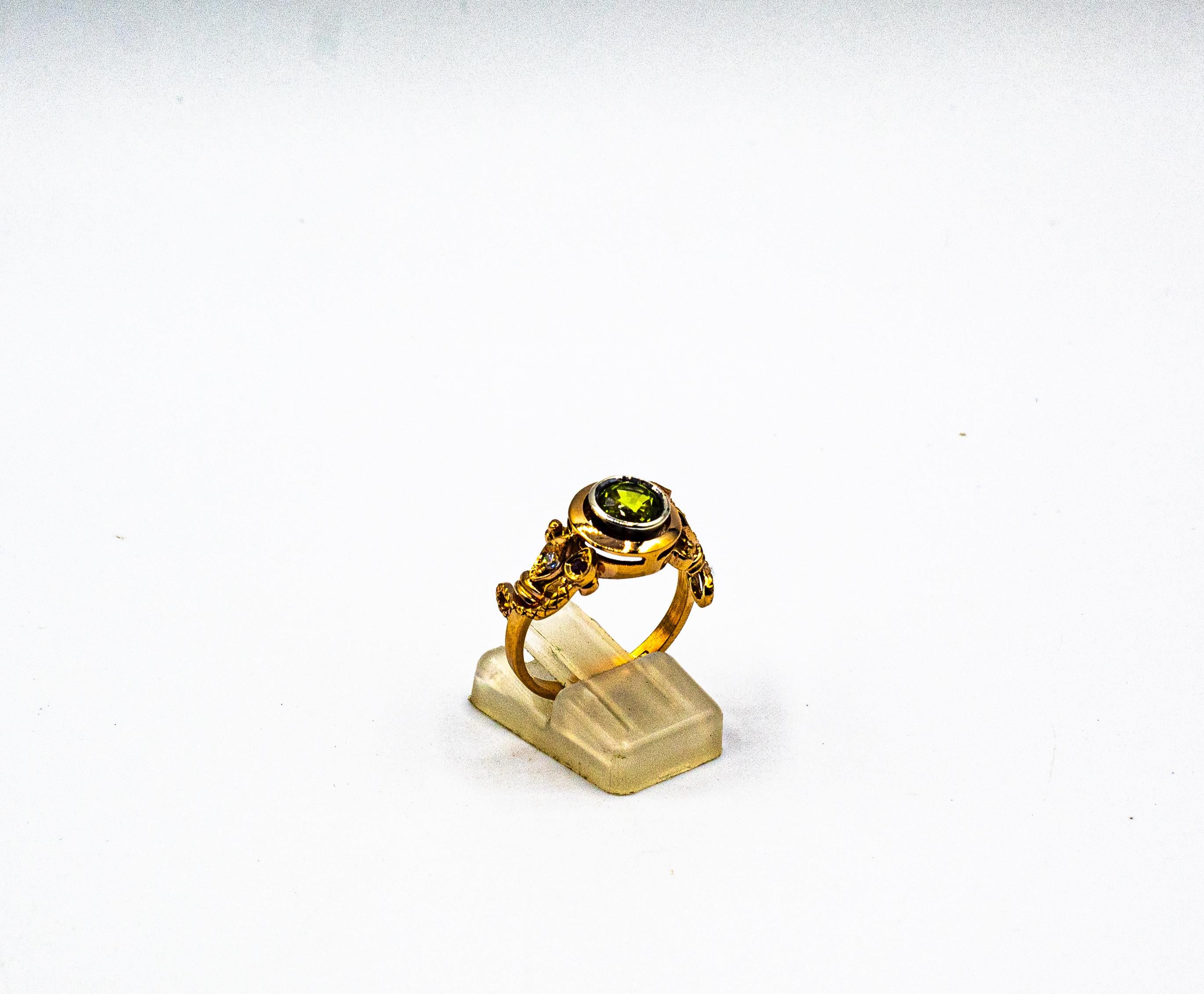 Women's or Men's Art Nouveau Style White Diamond Peridot Ruby Yellow Gold Cocktail Ring For Sale