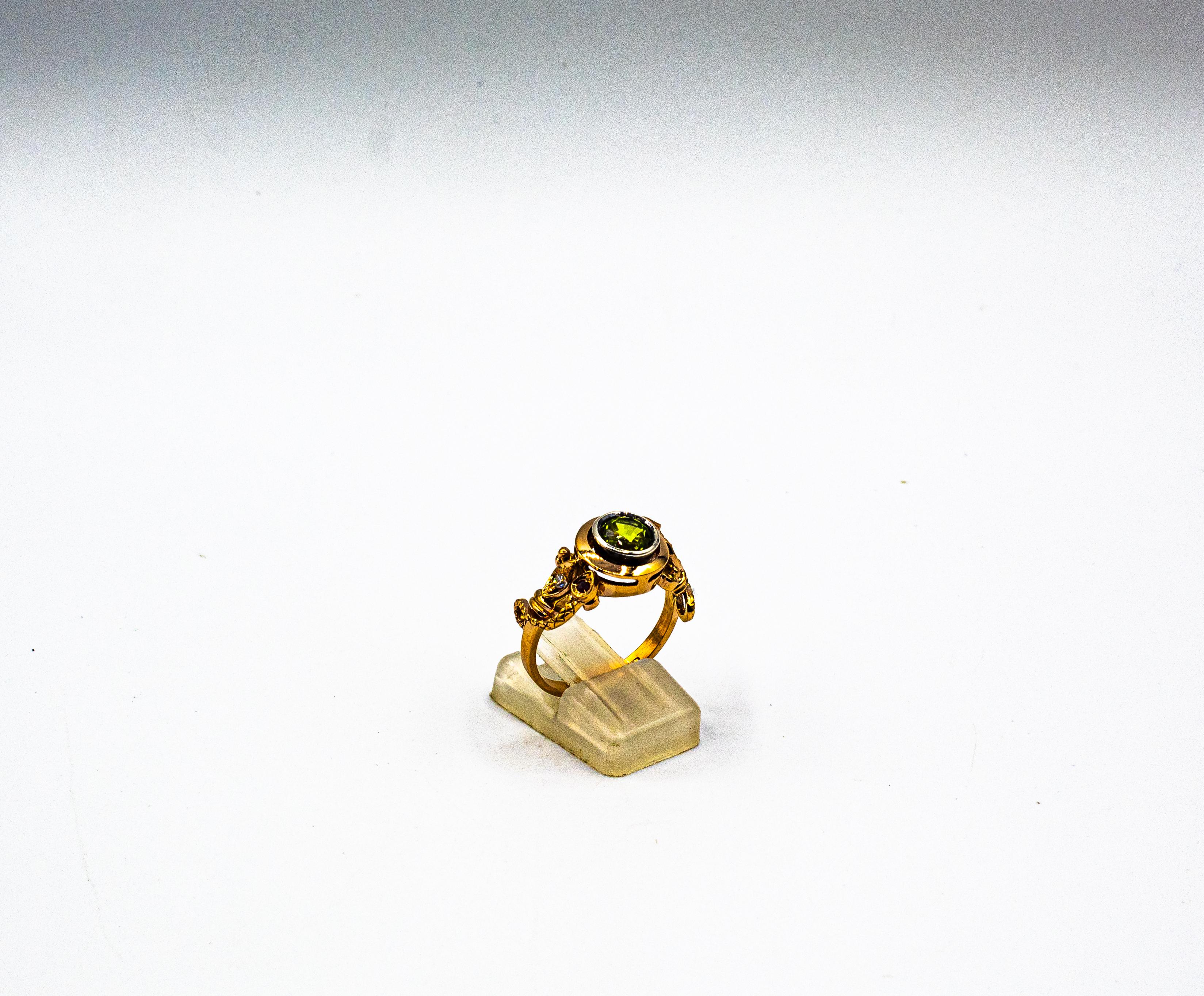 Art Nouveau Style White Diamond Peridot Ruby Yellow Gold Cocktail Ring For Sale 1