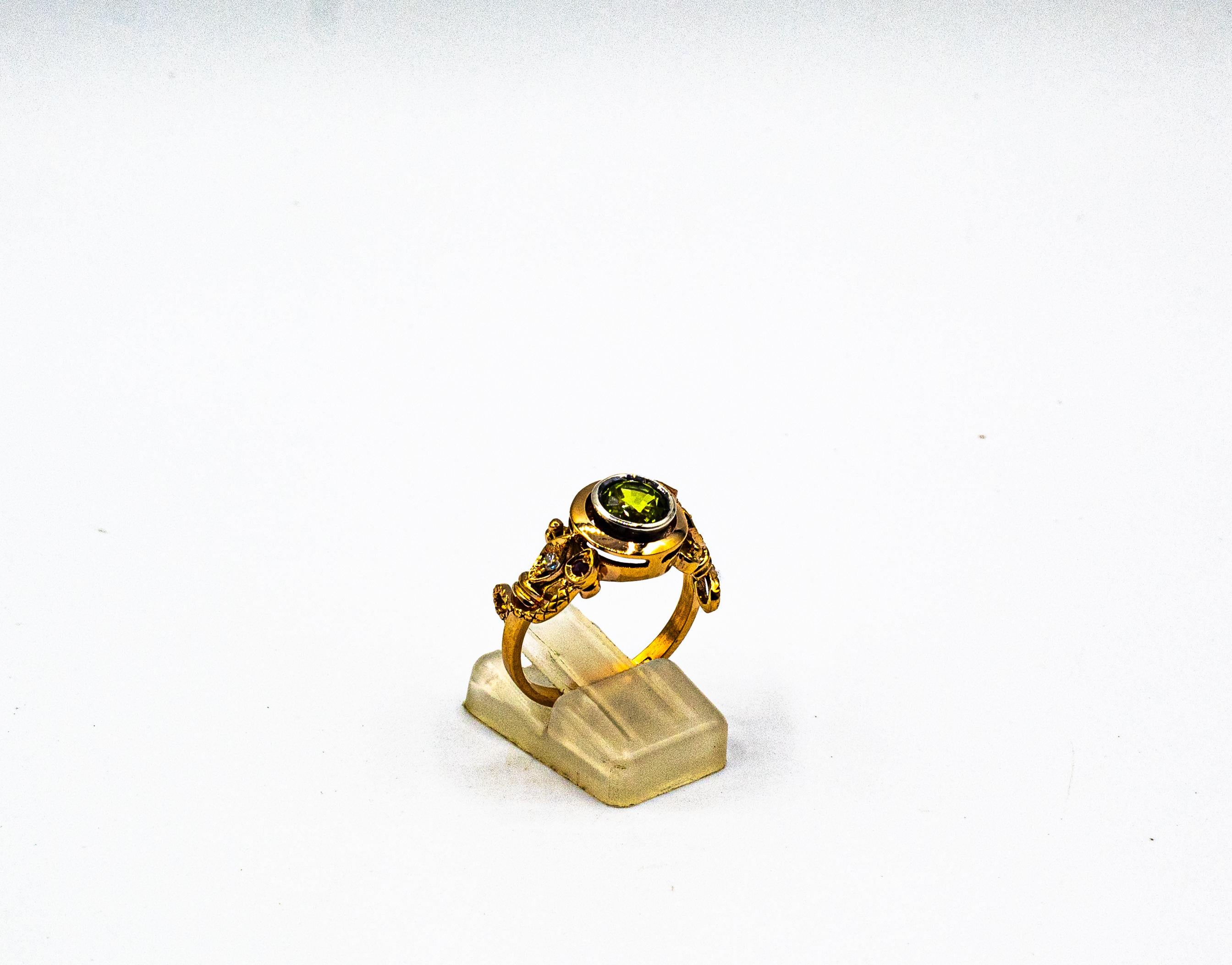 Art Nouveau Style White Diamond Peridot Ruby Yellow Gold Cocktail Ring For Sale 2