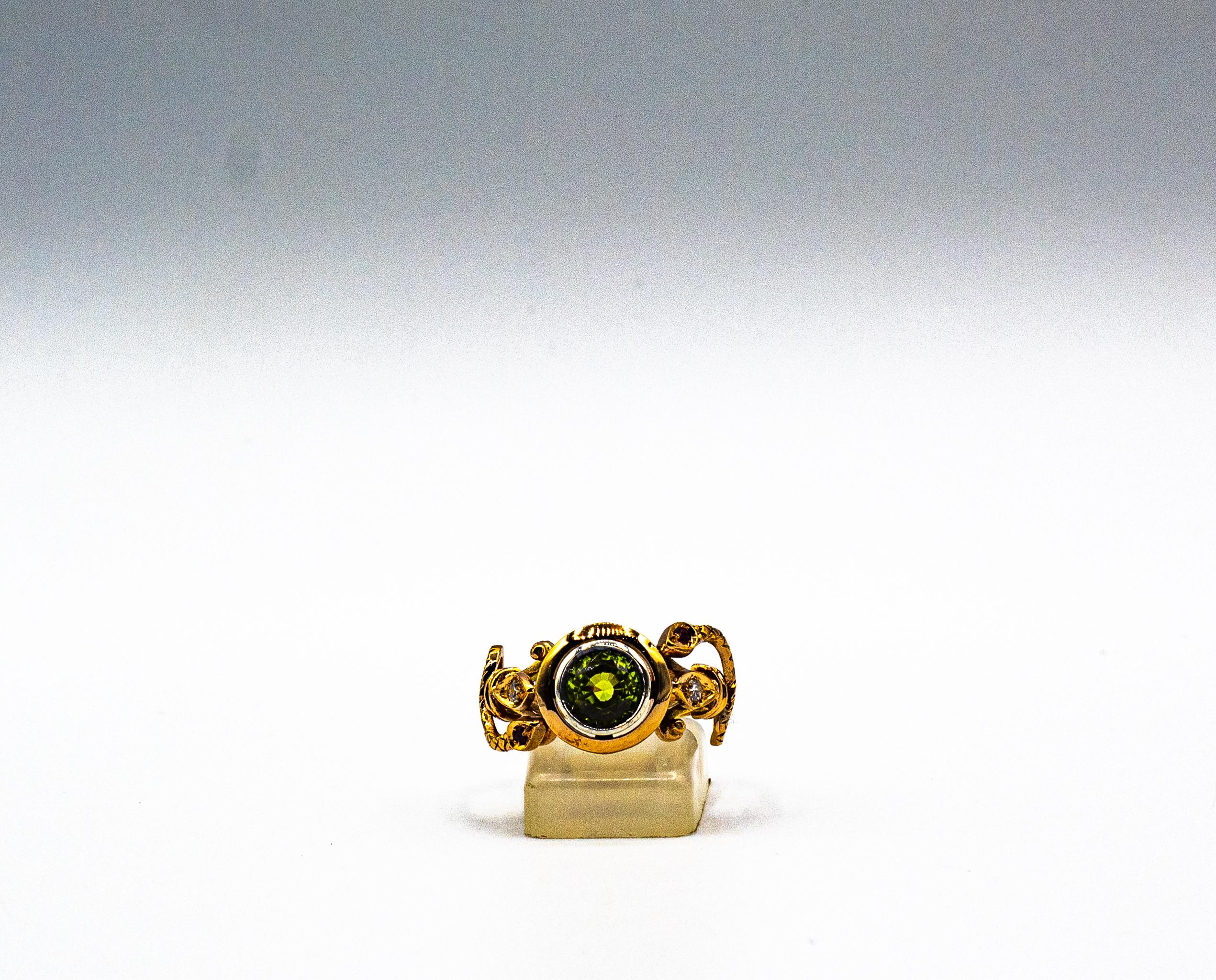 Art Nouveau Style White Diamond Peridot Ruby Yellow Gold Cocktail Ring For Sale 3