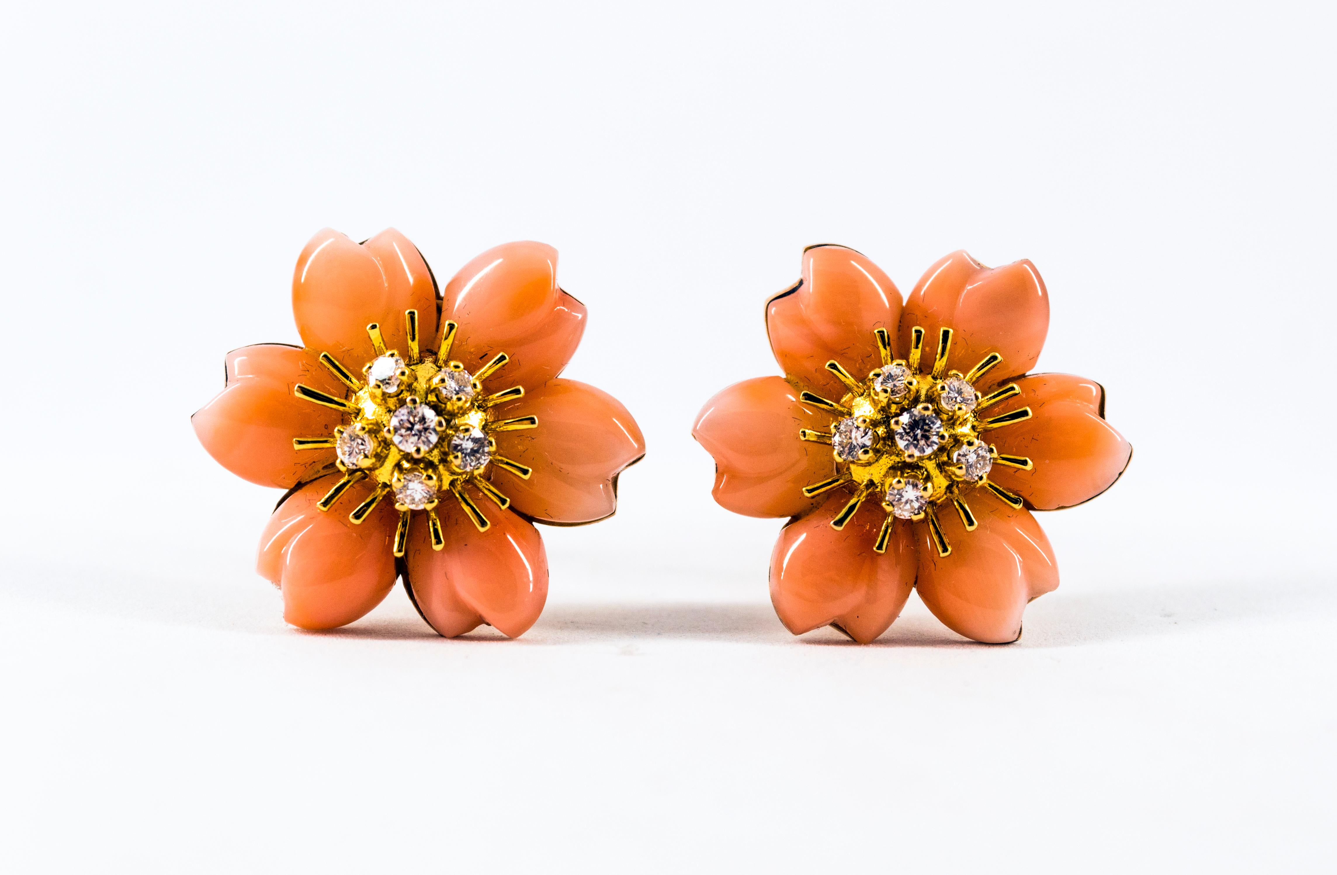 Art Nouveau Style White Diamond Pink Coral Yellow Gold Flowers Clip-On Earrings 3