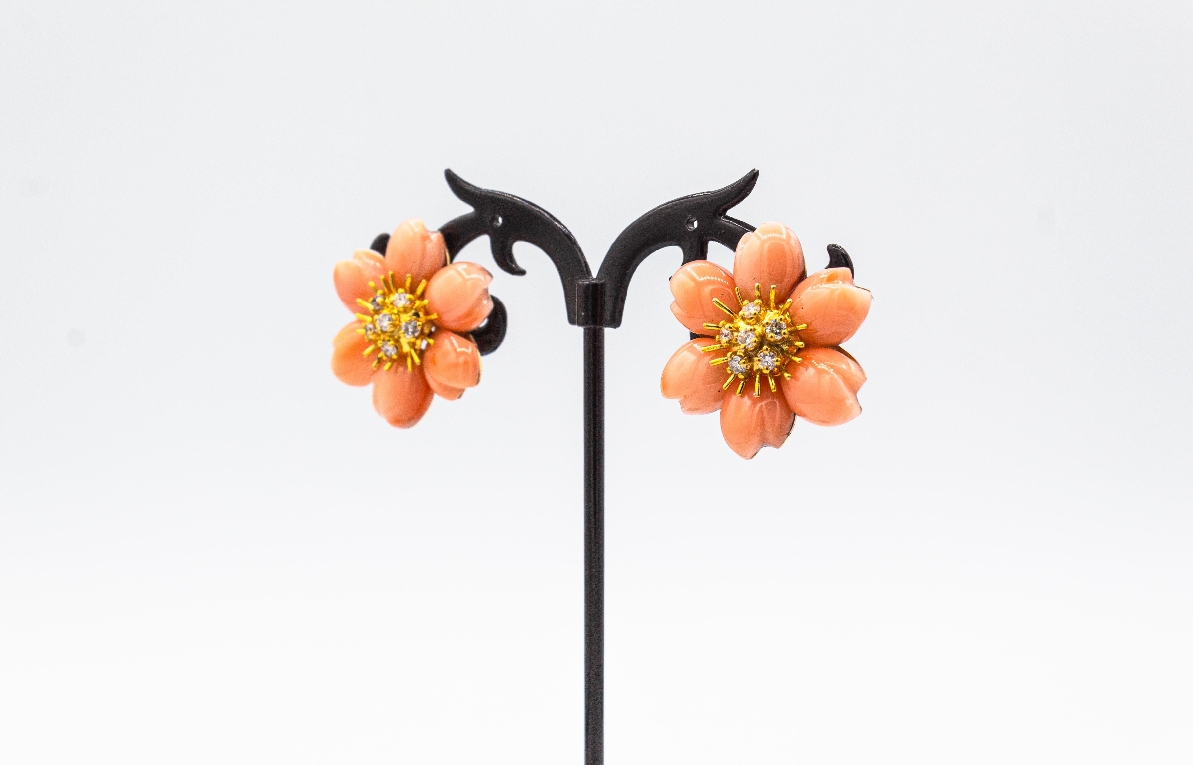 Art Nouveau Style White Diamond Pink Coral Yellow Gold Flowers Clip-On Earrings For Sale 5