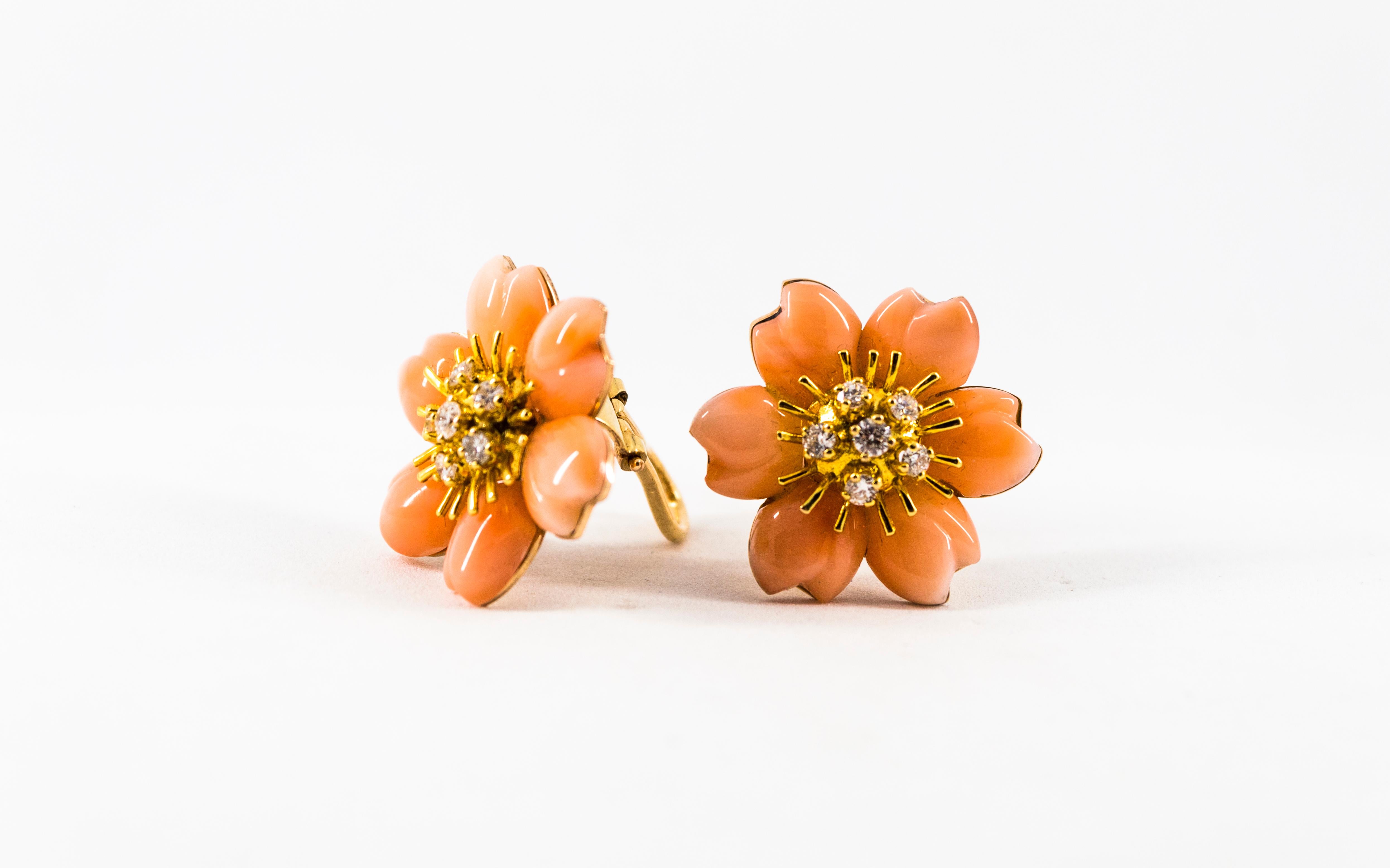 Art Nouveau Style White Diamond Pink Coral Yellow Gold Flowers Clip-On Earrings 4