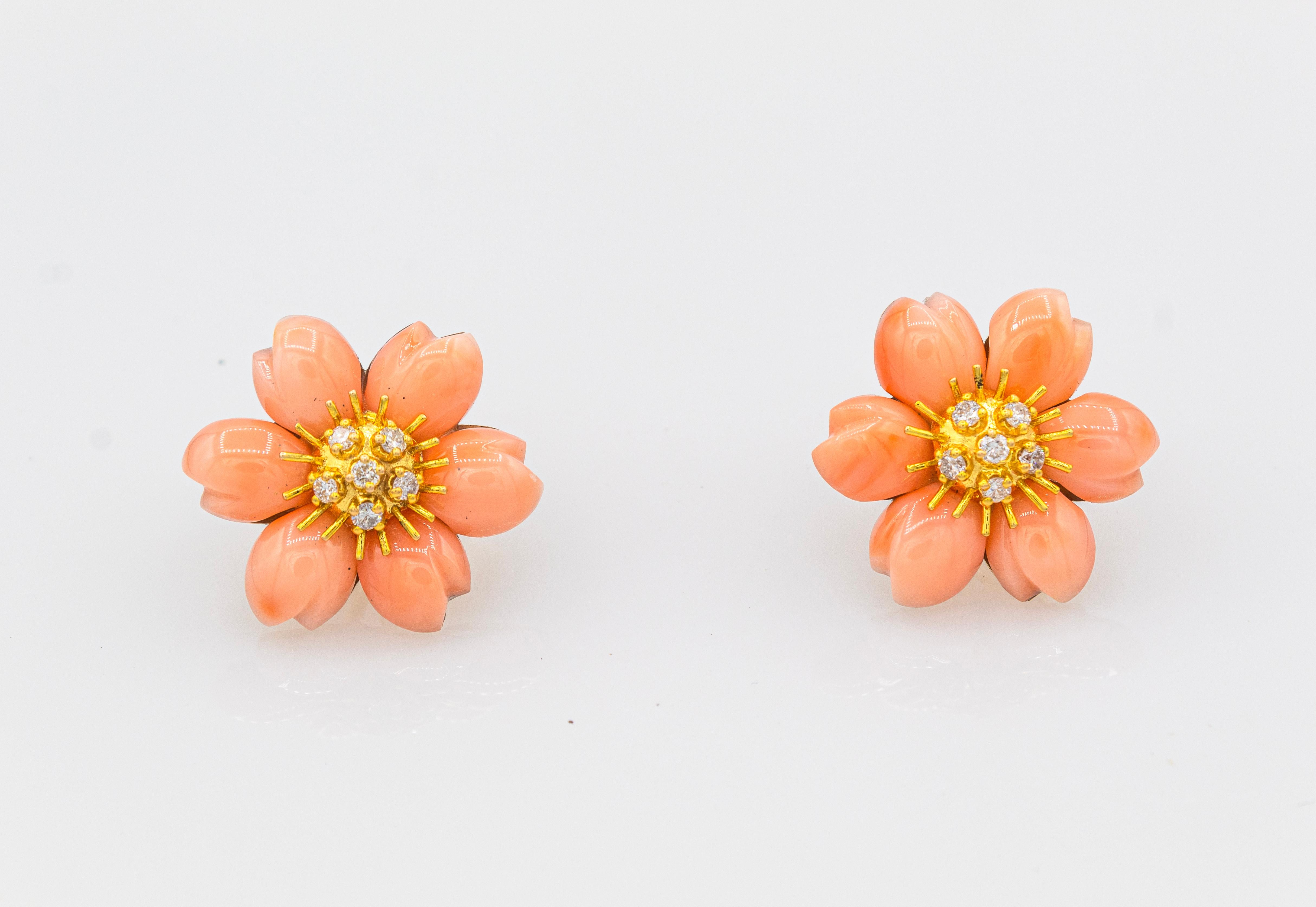 Art Nouveau Style White Diamond Pink Coral Yellow Gold Flowers Clip-On Earrings For Sale 6