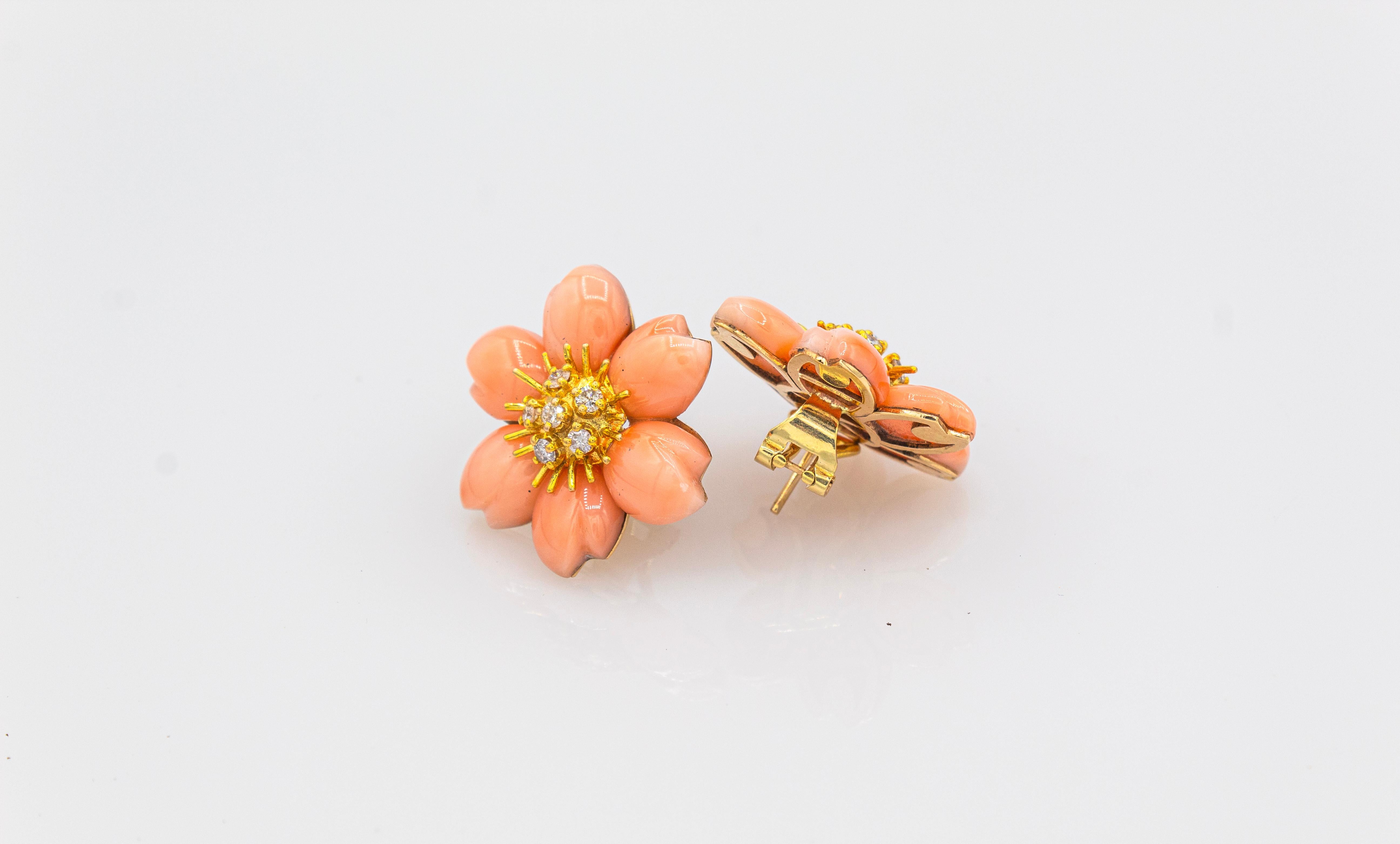 Art Nouveau Style White Diamond Pink Coral Yellow Gold Flowers Clip-On Earrings For Sale 7