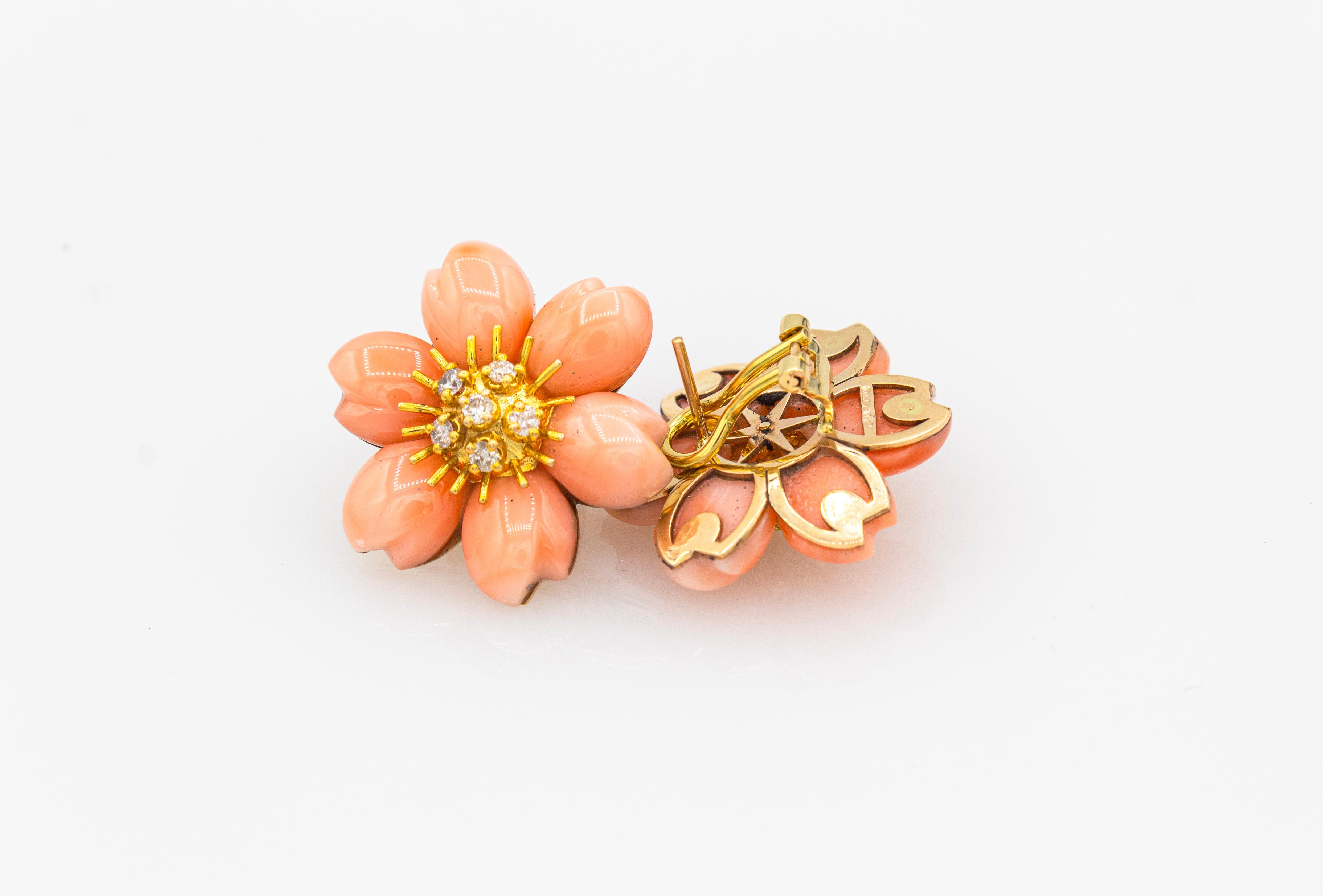 Art Nouveau Style White Diamond Pink Coral Yellow Gold Flowers Clip-On Earrings For Sale 8